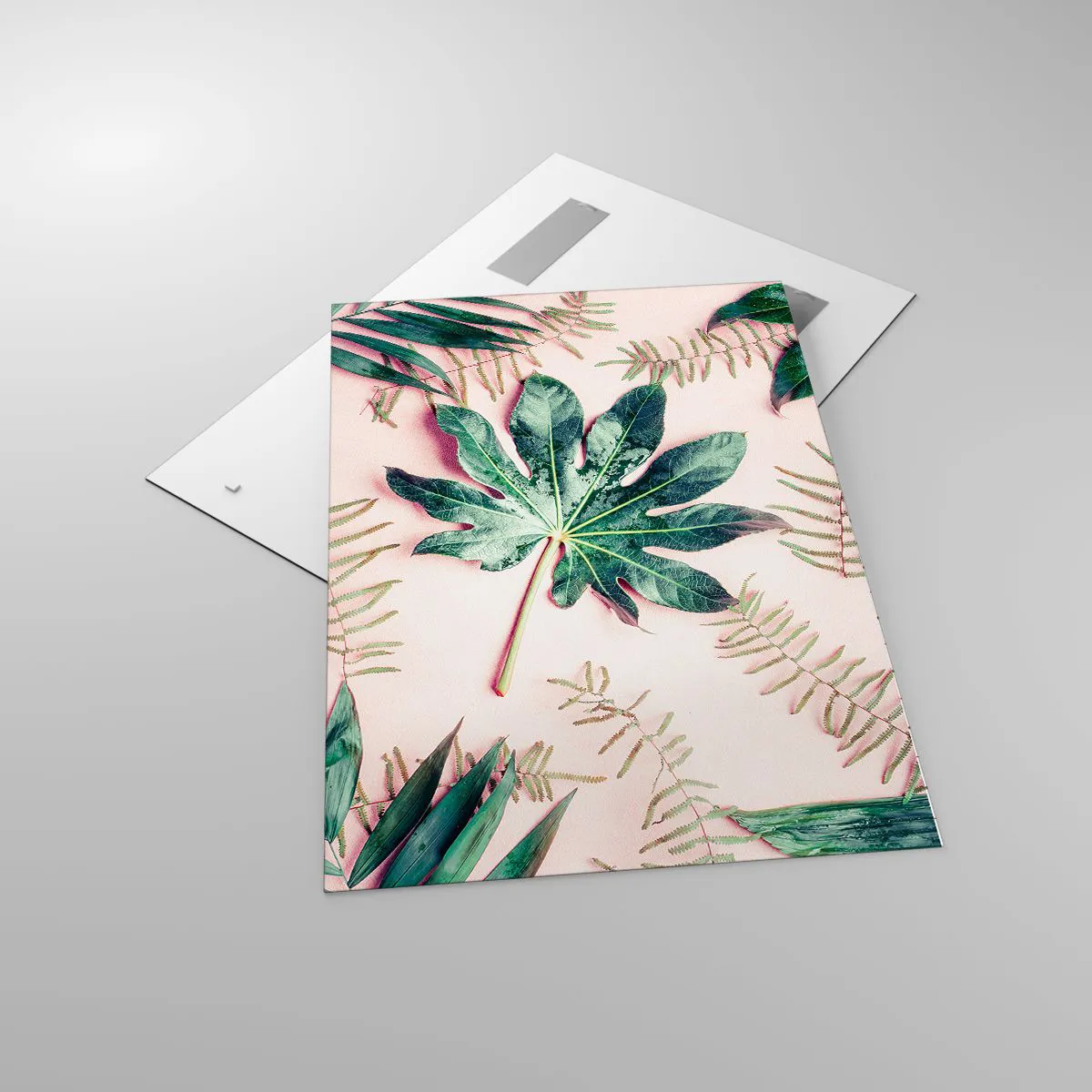 Tablou pe sticlă - Studiu de verdeață pe un fundal roz - 70x100 cm