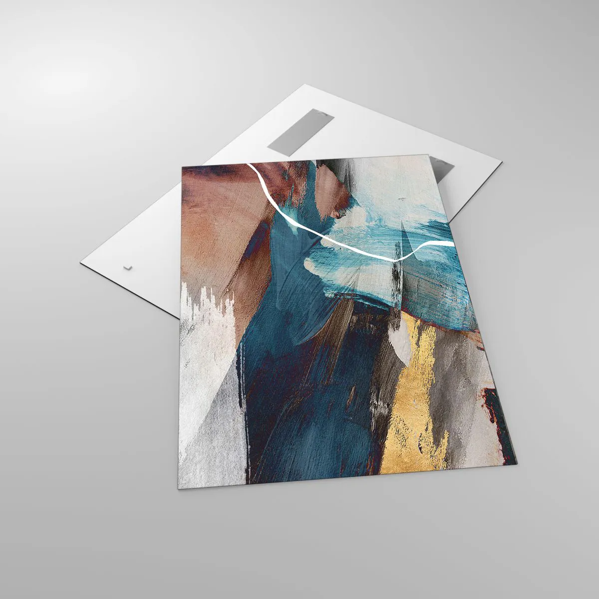 Impression sur verre - Image sur verre - Coups de pinceau abstraits dans des tons de bleu et d'or - 70x100cm - Avec panache et énergie - Décoration murale moderne pour le salon et la chambre ARTTOR