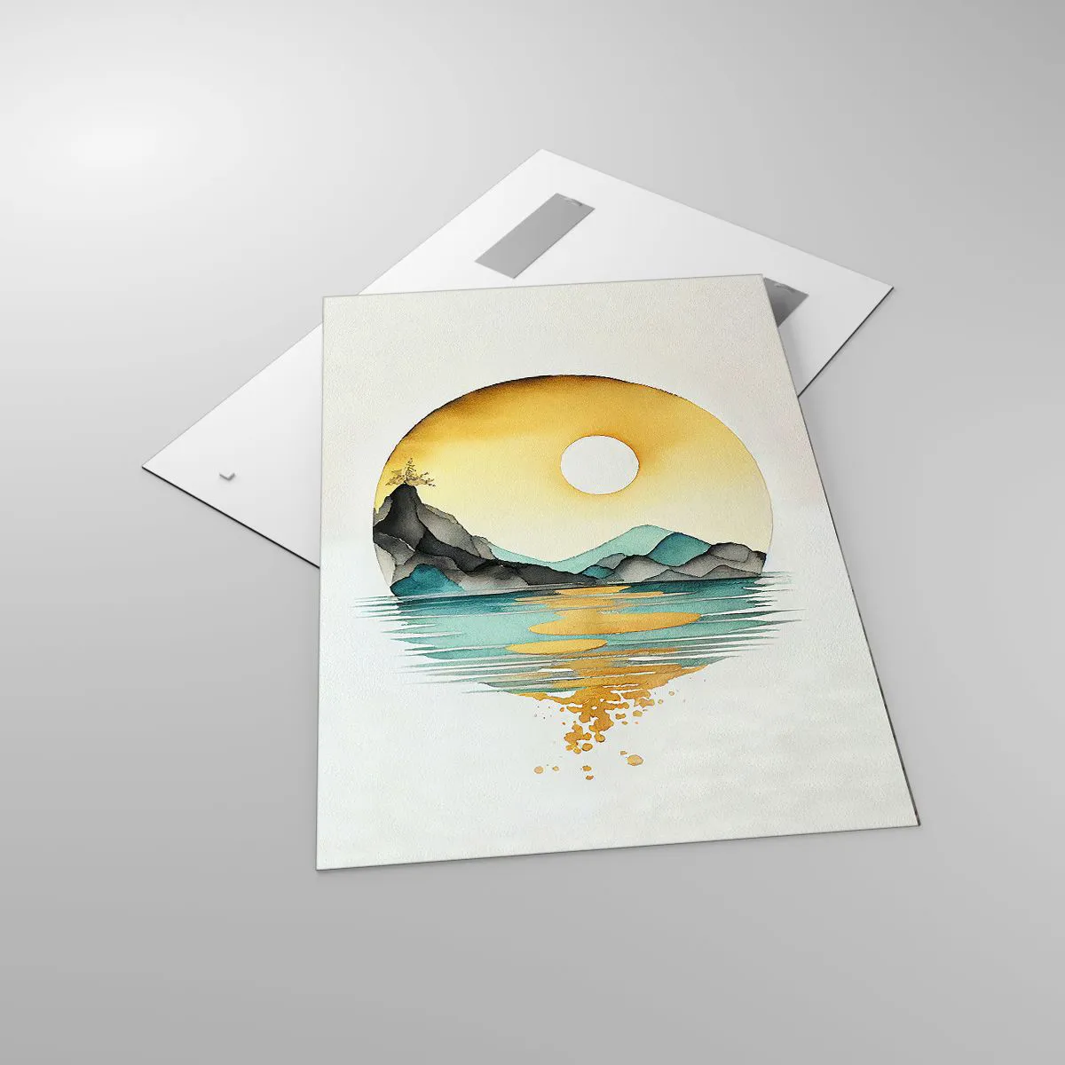 Obraz na szkle - Akwarelowy pejzaż gór i jeziora w złotej poświacie zachodzącego słońca - 70x100cm - W kręgu piękna - Nowoczesna dekoracja ścienna do salonu i sypialni ARTTOR