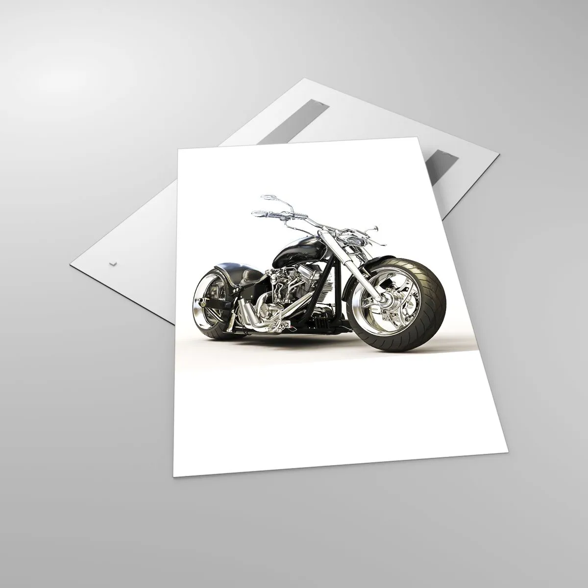 Obraz na szkle - Stylowy czarny motocykl na białym tle - 80x120cm - Siła z charakterem - Nowoczesna dekoracja ścienna do salonu i sypialni ARTTOR