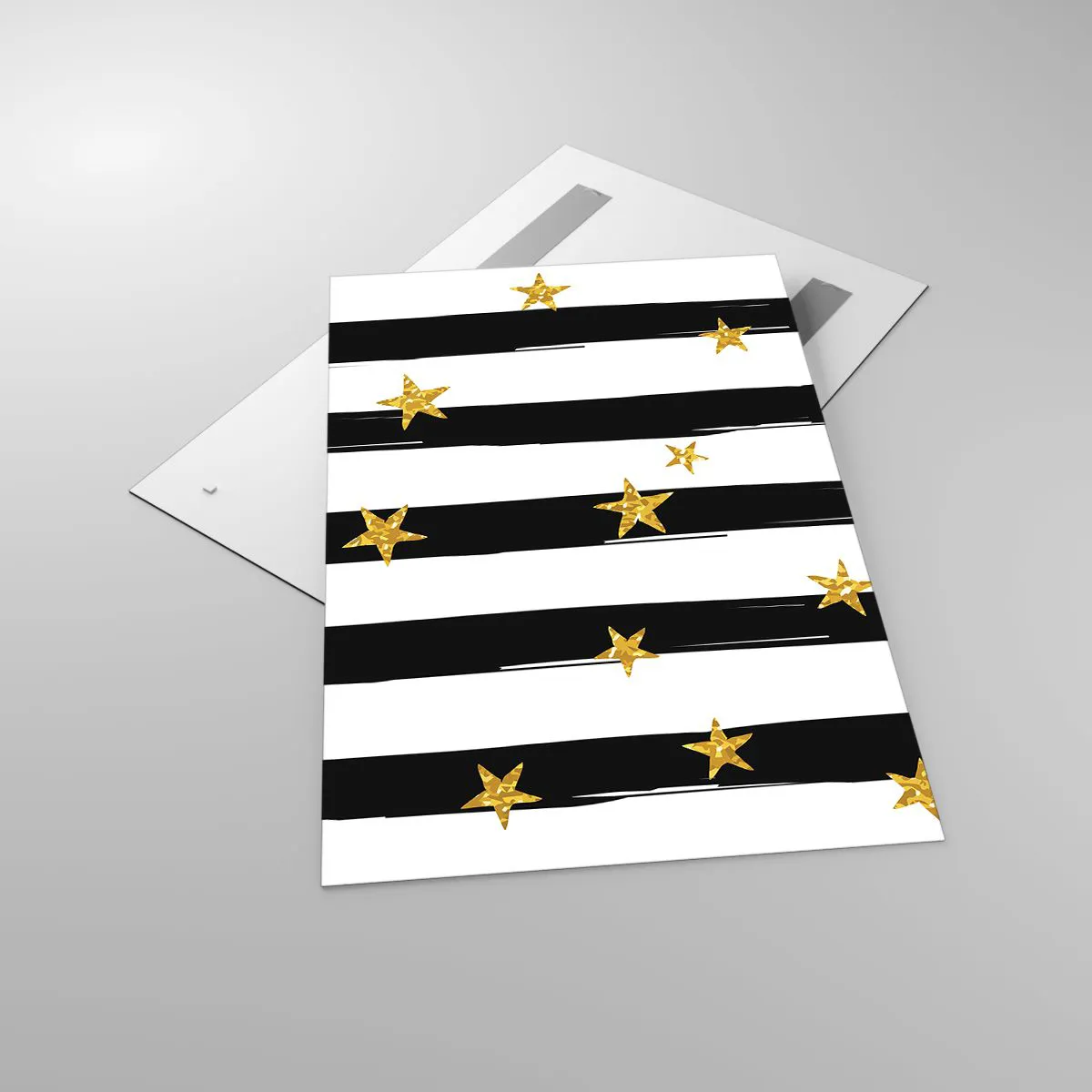 Obraz na szkle - Czarno-białe pasy z złotymi gwiazdkami - 80x120cm - Wszyscy urodziliśmy się pod szczęśliwą gwiazdą - Nowoczesna dekoracja ścienna do salonu i sypialni ARTTOR