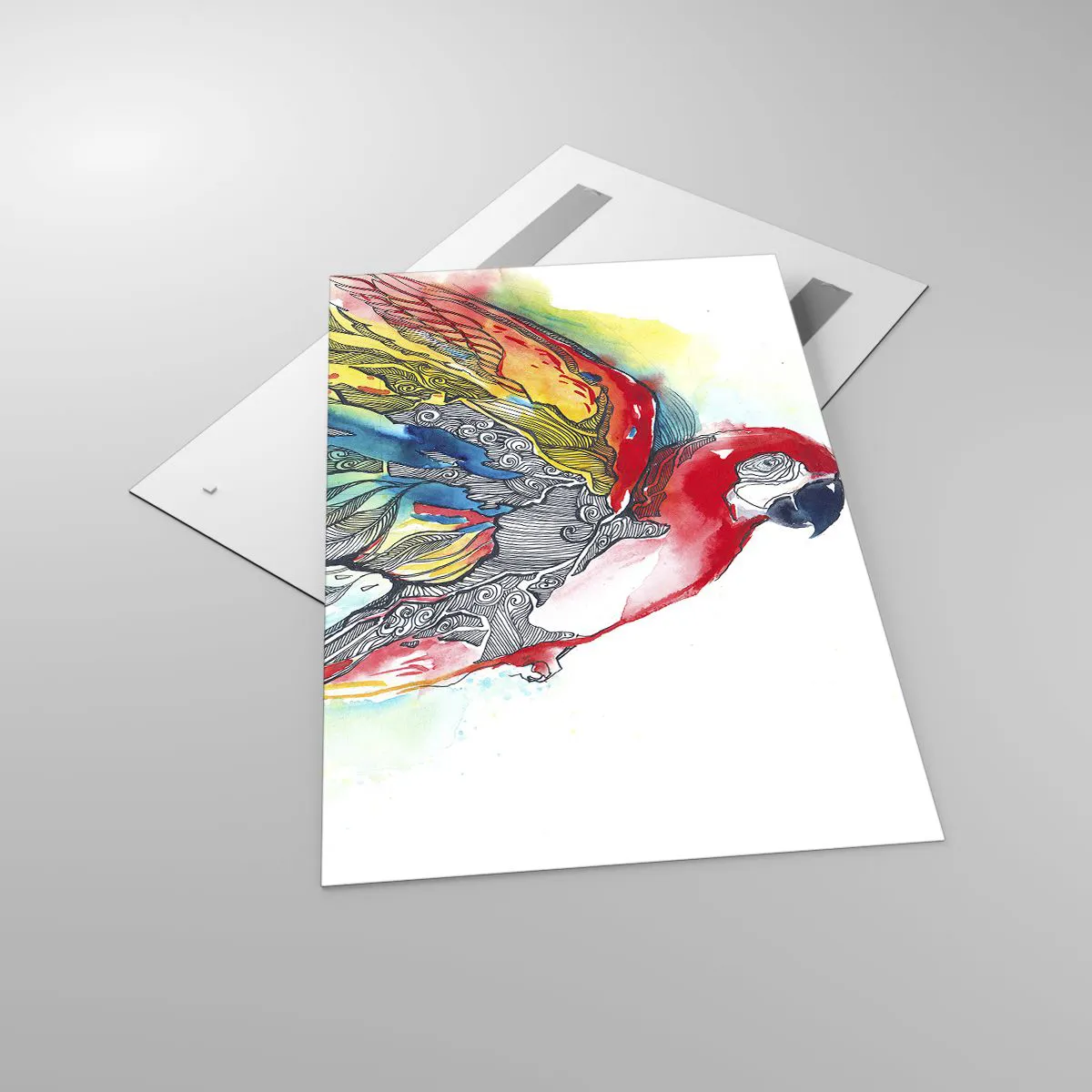 Impression sur verre - Image sur verre - Un perroquet coloré en vol avec des motifs abstraits sur ses ailes. - 80x120cm - Vivez haut en couleurs - Décoration murale moderne pour le salon et la chambre ARTTOR