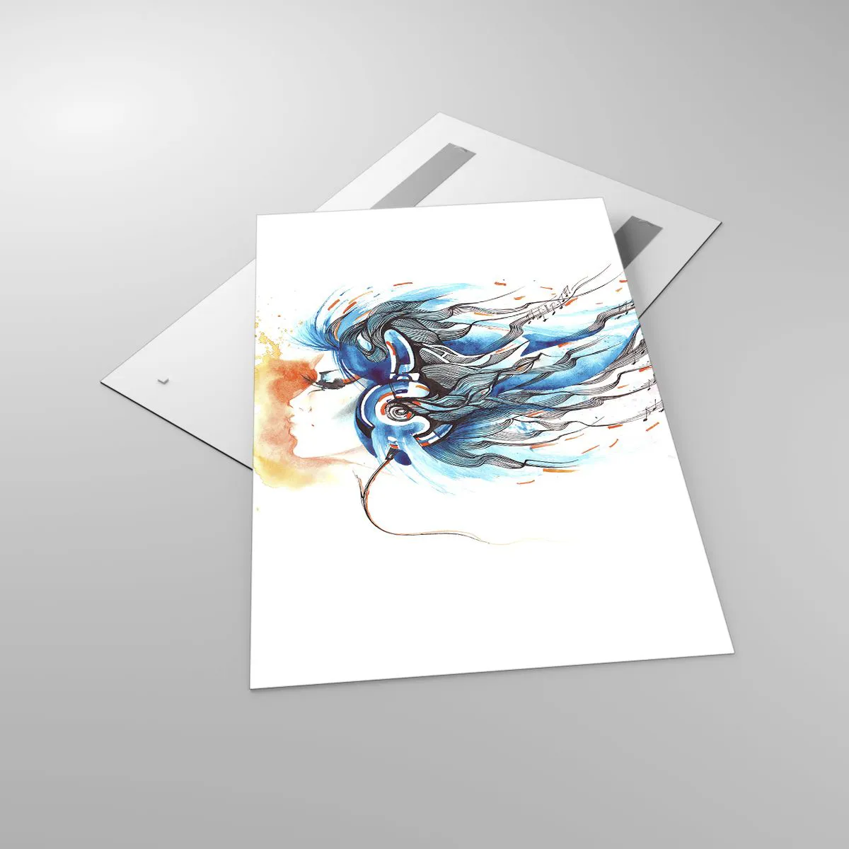 Obraz na szkle - Artystyczna grafika kobiety w słuchawkach z muzycznymi akcentami - 80x120cm - Niech gra muzyka - Nowoczesna dekoracja ścienna do salonu i sypialni ARTTOR