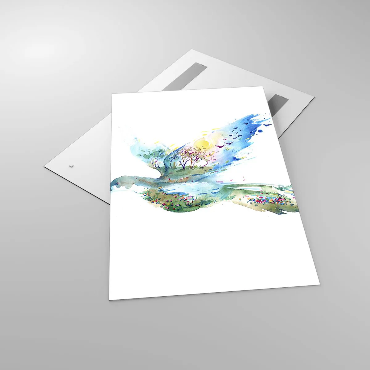 Glasbild - Bild auf glas - Aquarellkomposition eines Vogels mit Elementen der Natur - 80x120cm - Auf den Flügeln der Natur - Moderne Wanddekoration für Wohnzimmer und Schlafzimmer ARTTOR