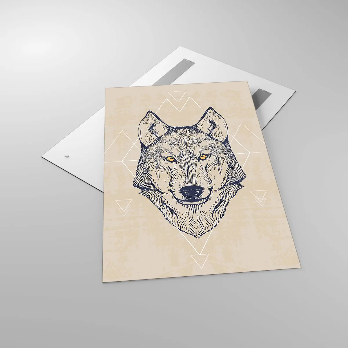 Impression sur verre - Image sur verre - Un loup géométrique sur fond clair avec des motifs minimalistes. - 80x120cm - Un alpha au regard pénétrant - Décoration murale moderne pour le salon et la chambre ARTTOR