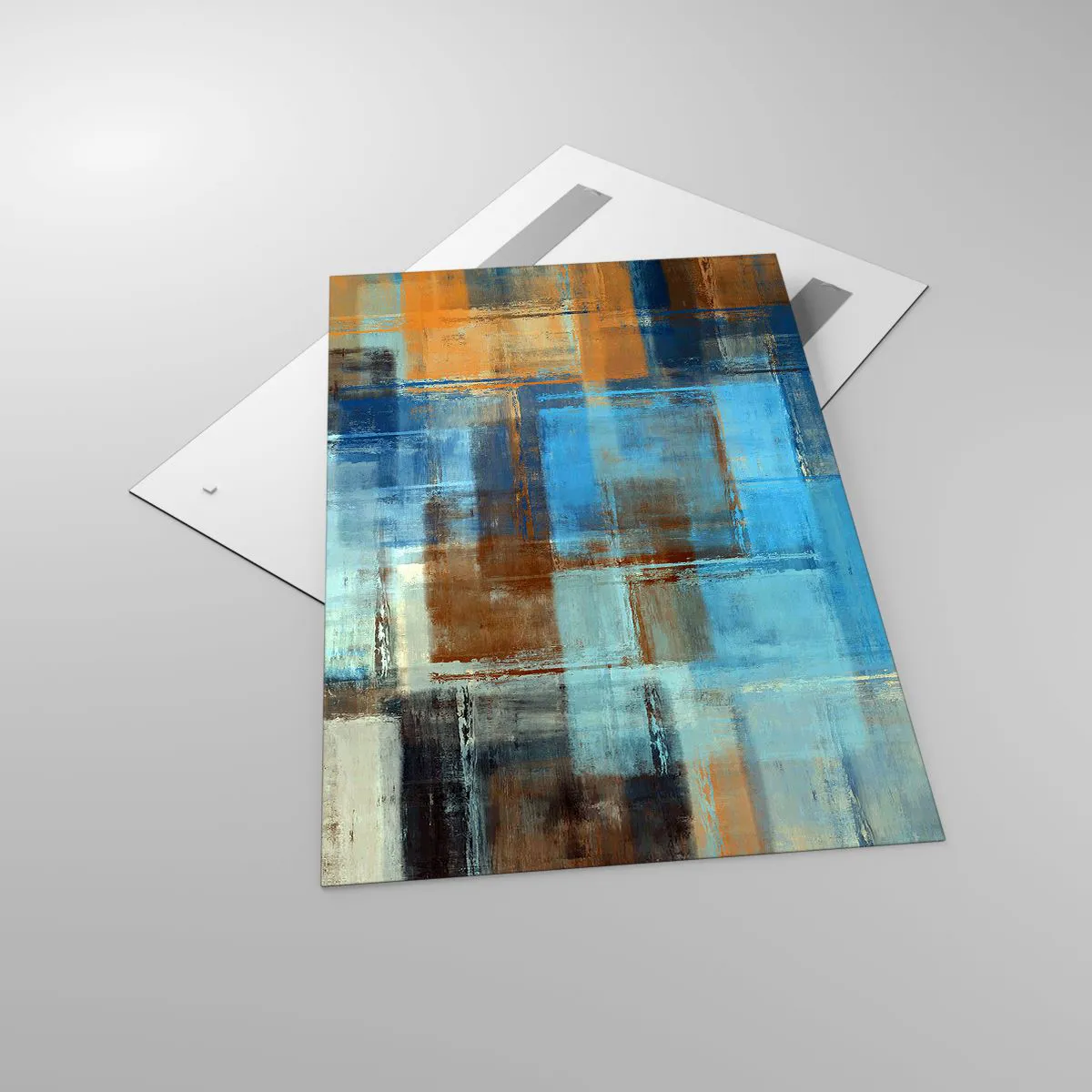 Cuadro sobre vidrio - Impresiones sobre Vidrio - Composición geométrica abstracta en tonos azules y marrones. - 80x120cm - A través del velo azul - Decoración de pared moderna para salón y dormitorio ARTTOR