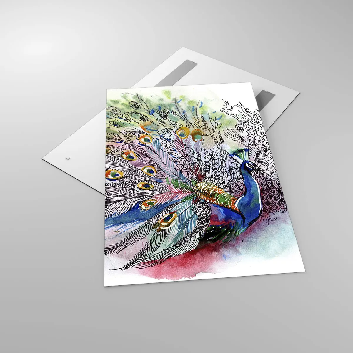 Impression sur verre - Image sur verre - Un paon dans un style aquarelle coloré avec des plumes abstraites - 80x120cm - Avec fierté contre la grisaille - Décoration murale moderne pour le salon et la chambre ARTTOR