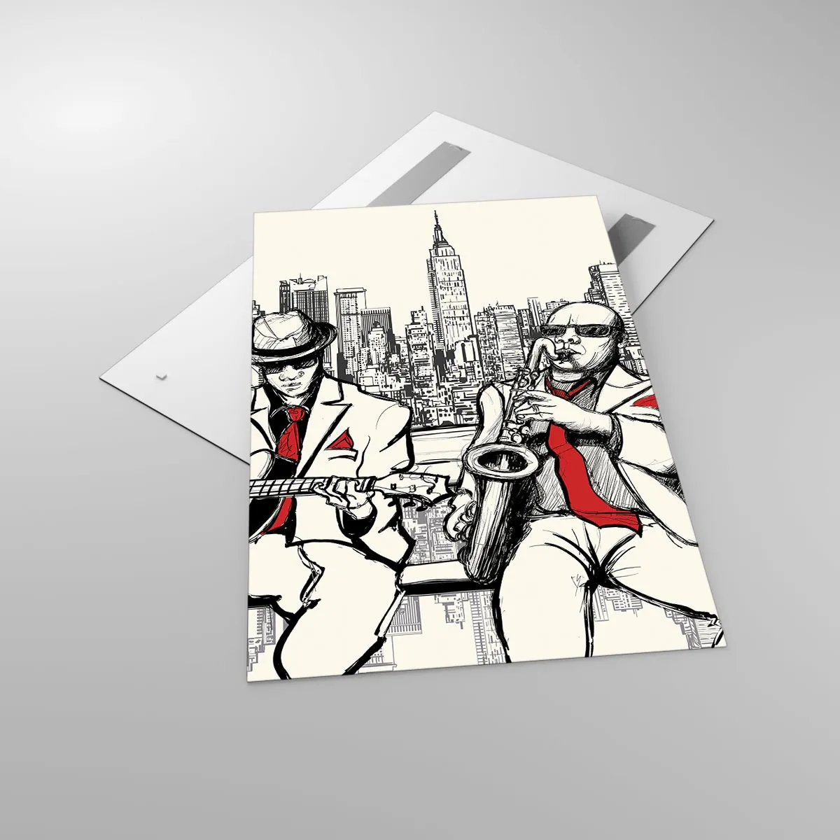 Obraz na szkle - Jazzowy duet z saksofonem i gitarą na tle miasta - 80x120cm - Nowojorska improwizacja - Nowoczesna dekoracja ścienna do salonu i sypialni ARTTOR