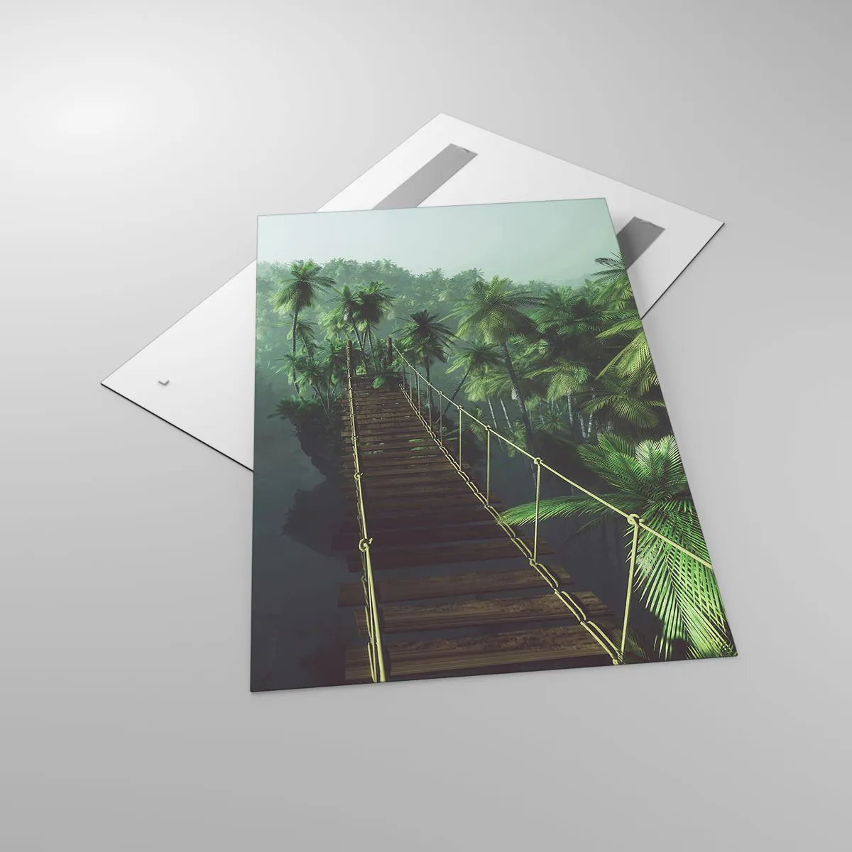 Impression sur verre - Image sur verre - Un pont suspendu dans une forêt tropicale entourée de brouillard. - 80x120cm - Au fil de la verdure - Décoration murale moderne pour le salon et la chambre ARTTOR