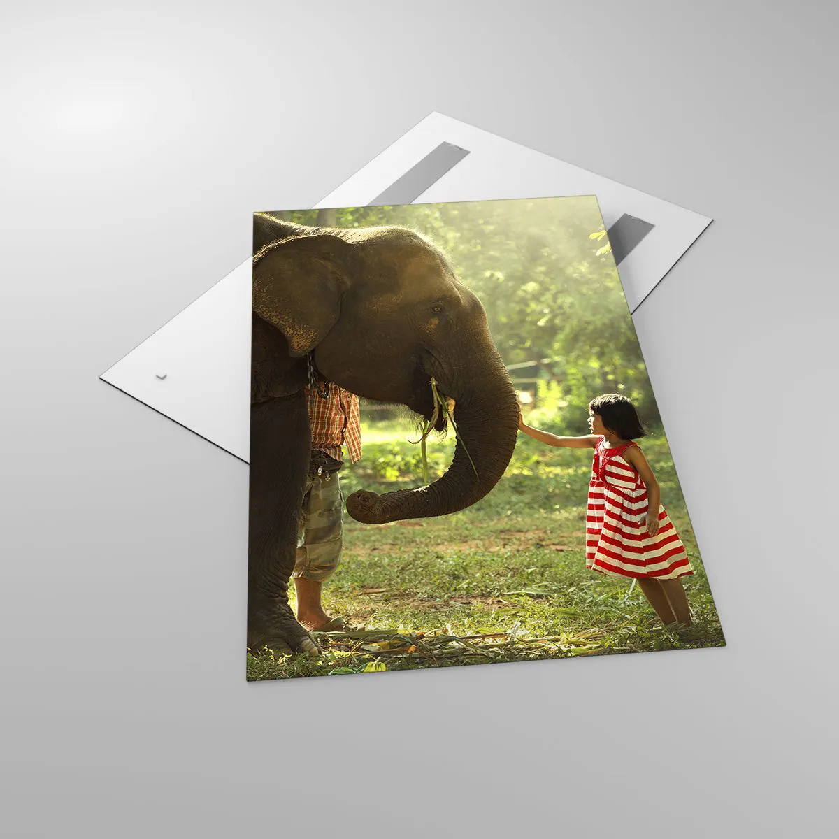 Obraz na szkle - Dziewczynka w czerwonej sukience dotykająca słonia w lesie - 80x120cm - Siła przyjaźni - Nowoczesna dekoracja ścienna do salonu i sypialni ARTTOR