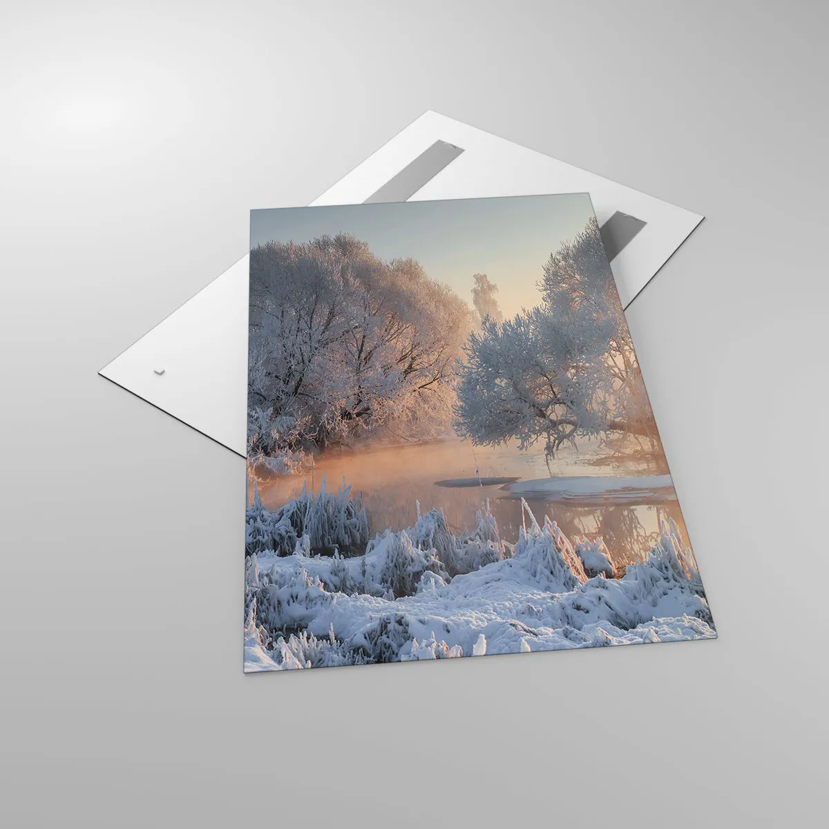 Obraz na szkle - Zimowy krajobraz z ośnieżonymi drzewami i zachodem słońca - 80x120cm - Wszystko w słonecznym lśni krysztale - Nowoczesna dekoracja ścienna do salonu i sypialni ARTTOR