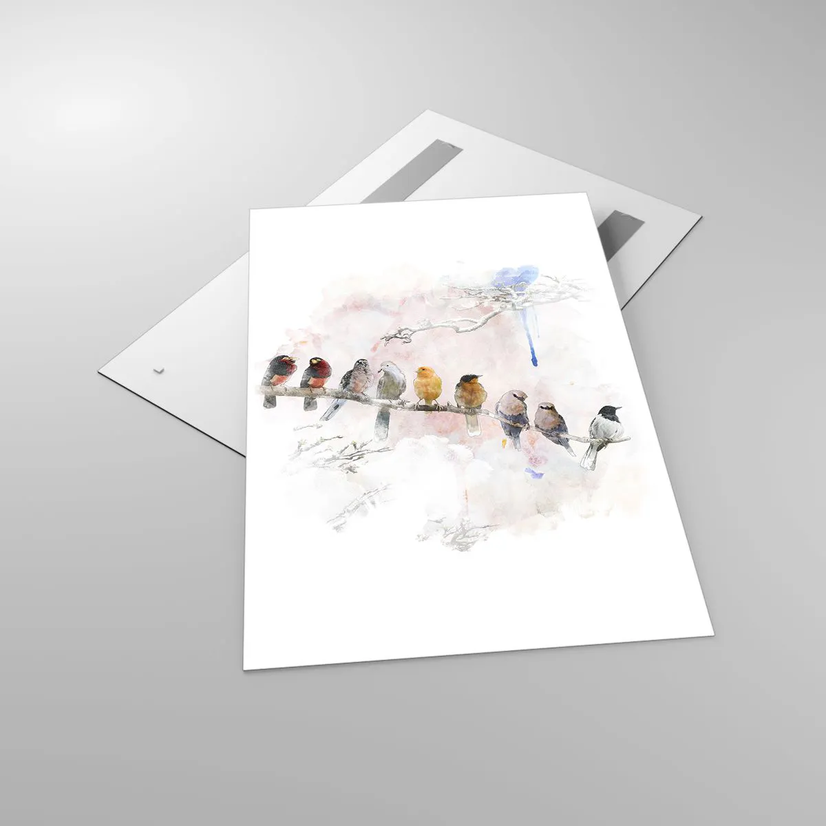 Glasbild - Bild auf glas - Bunte Vögel auf einem Ast im Aquarellstil - 80x120cm - Geflügeltes Treffen - Moderne Wanddekoration für Wohnzimmer und Schlafzimmer ARTTOR