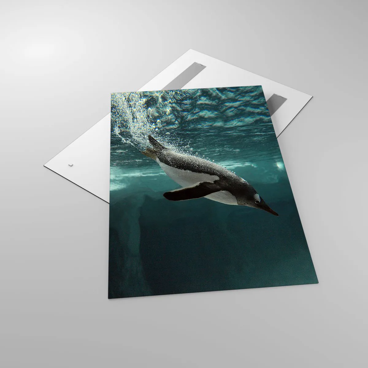 Glasbild - Bild auf glas - Ein Pinguin taucht in die Tiefen des eisigen Wassers - 80x120cm - Willkommen in meiner Welt - Moderne Wanddekoration für Wohnzimmer und Schlafzimmer ARTTOR