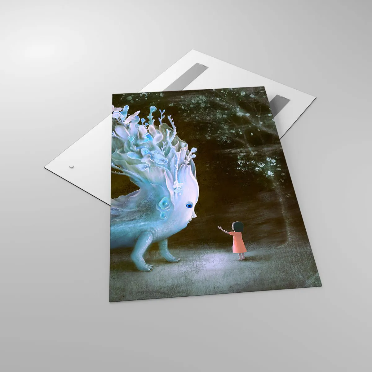 Quadro su vetro - La figura di una ragazza di fronte a una creatura fantastica - 80x120cm - Incontro fantastico - Decorazione murale moderna per soggiorno e camera da letto ARTTOR