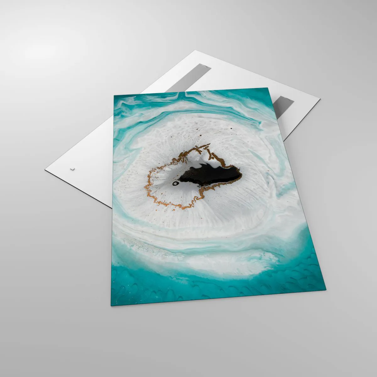 Glasbild - Bild auf glas - Abstraktes Geodenmotiv in Türkis-, Weiß- und Goldtönen - 80x120cm - Nach Innen eindringen - Moderne Wanddekoration für Wohnzimmer und Schlafzimmer ARTTOR