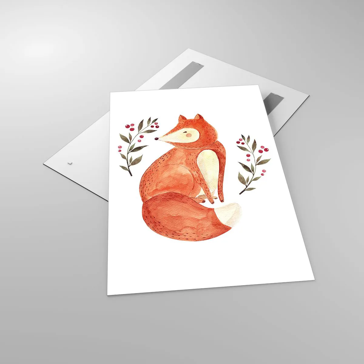 Cuadro sobre vidrio - Impresiones sobre Vidrio - Un zorro de acuarela rodeado de ramitas con bayas. - 80x120cm - Pequeño pelirrojo - Decoración de pared moderna para salón y dormitorio ARTTOR