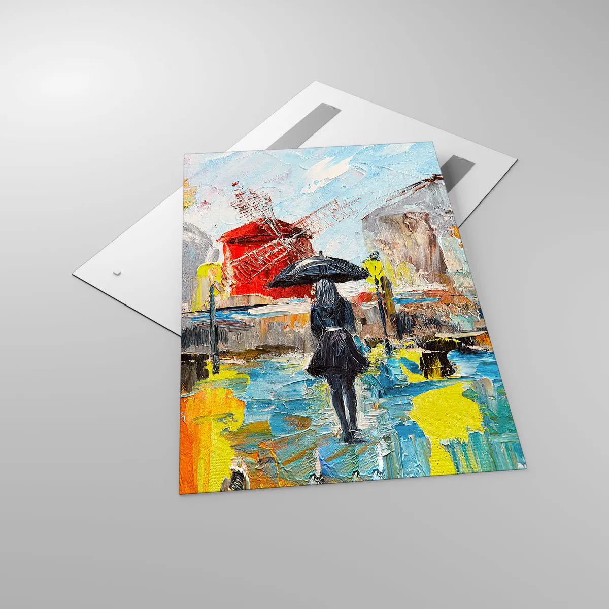 Glasbild - Bild auf glas - Eine malerische Szene mit einem Regenschirm vor der Kulisse von Paris in leuchtenden Farben. - 80x120cm - Pariser Legenden - Moderne Wanddekoration für Wohnzimmer und Schlafzimmer ARTTOR