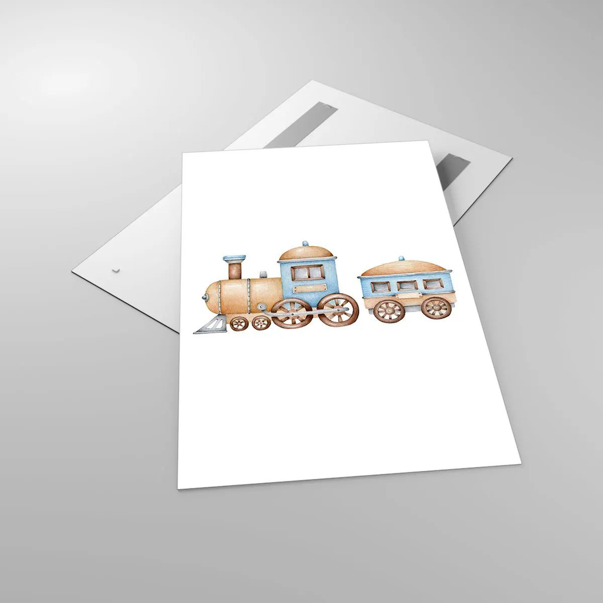 Impression sur verre - Image sur verre - Dessin d'un train aux tons pastel sur fond blanc - 80x120cm - Il est à la gare... - Décoration murale moderne pour le salon et la chambre ARTTOR