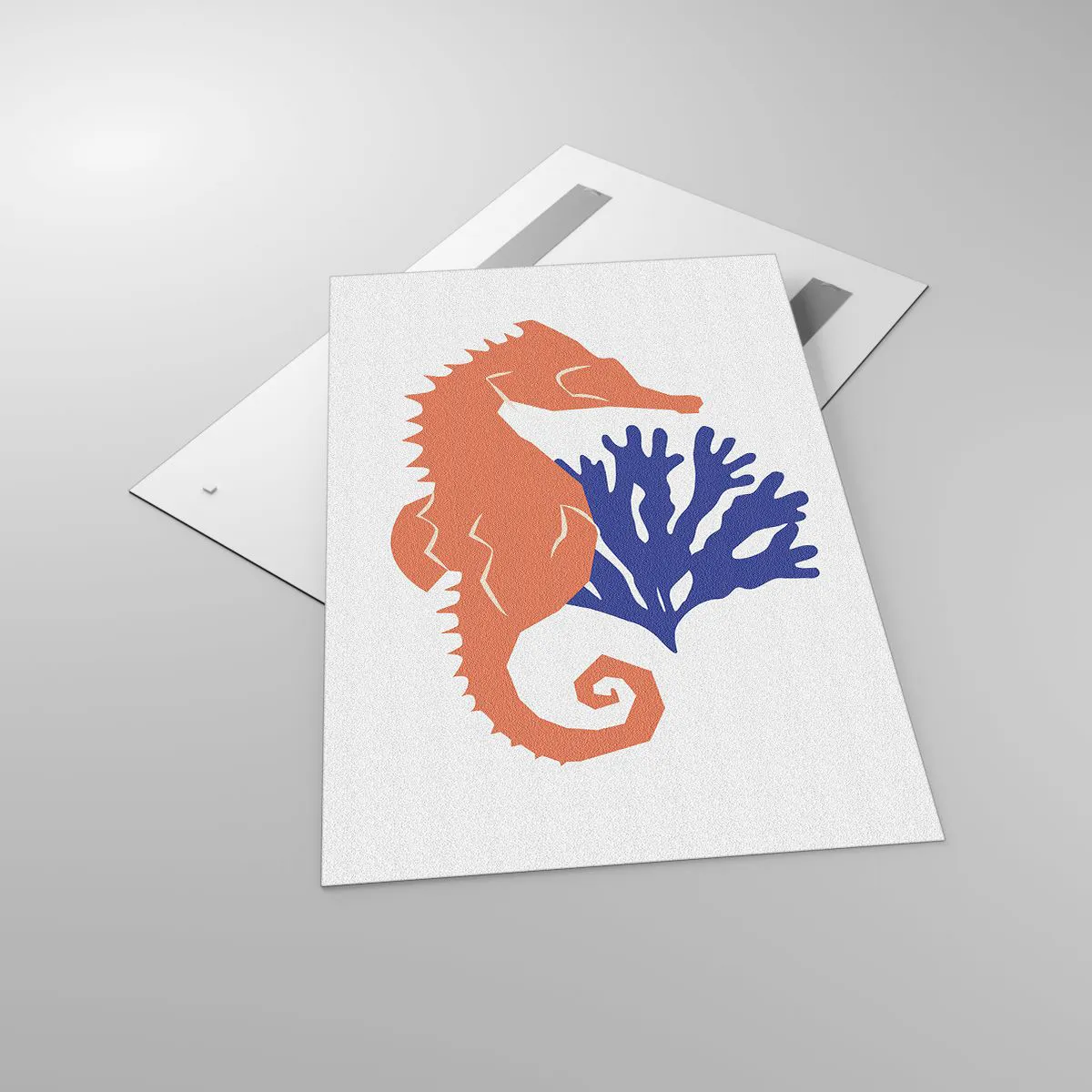 Obraz na szkle - Minimalistyczna ilustracja konika morskiego z koralowcem na jasnym tle - 80x120cm - Na podwodnej łące - Nowoczesna dekoracja ścienna do salonu i sypialni ARTTOR