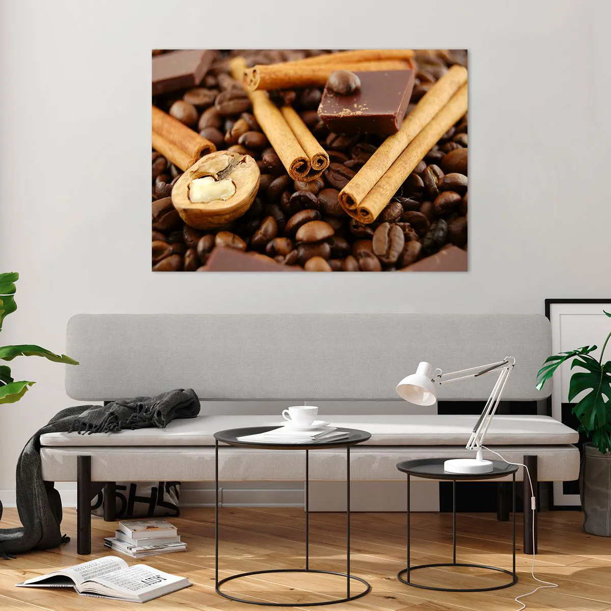 Impression sur verre - Image sur verre - Gros plan sur le café, la cannelle, le chocolat et les noix - 100x70cm - Concert d'aromates - Décoration murale moderne pour le salon et la chambre ARTTOR