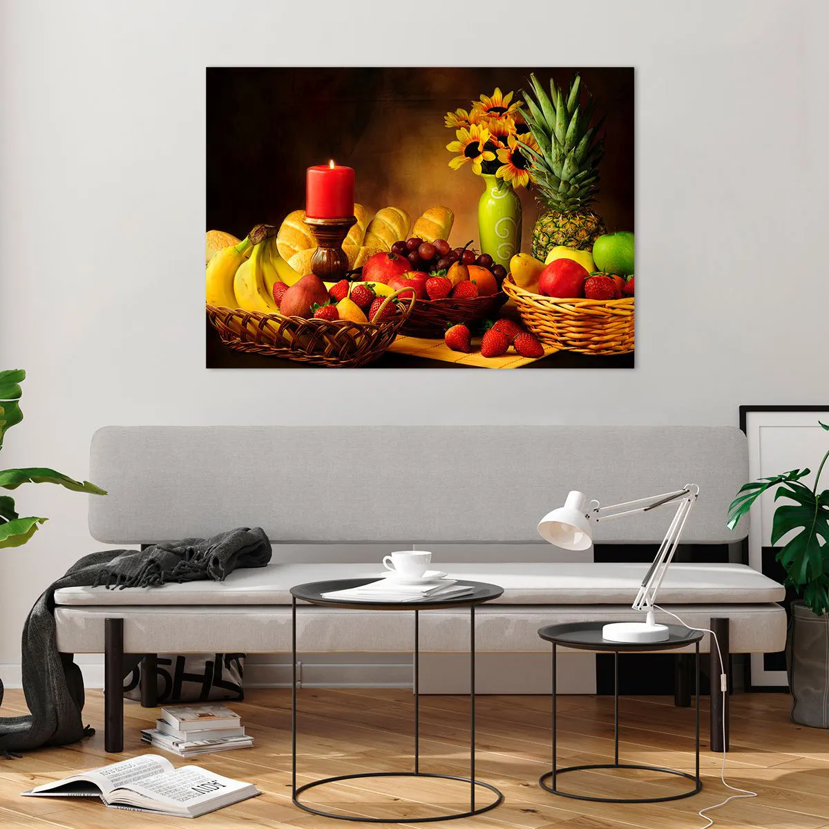 Obraz na szkle - Kompozycja owoców, pieczywa i świecy w rustykalnym stylu - 100x70cm - Martwa natura z pieczywem i owocami - Nowoczesna dekoracja ścienna do salonu, kuchni i sypialni ARTTOR