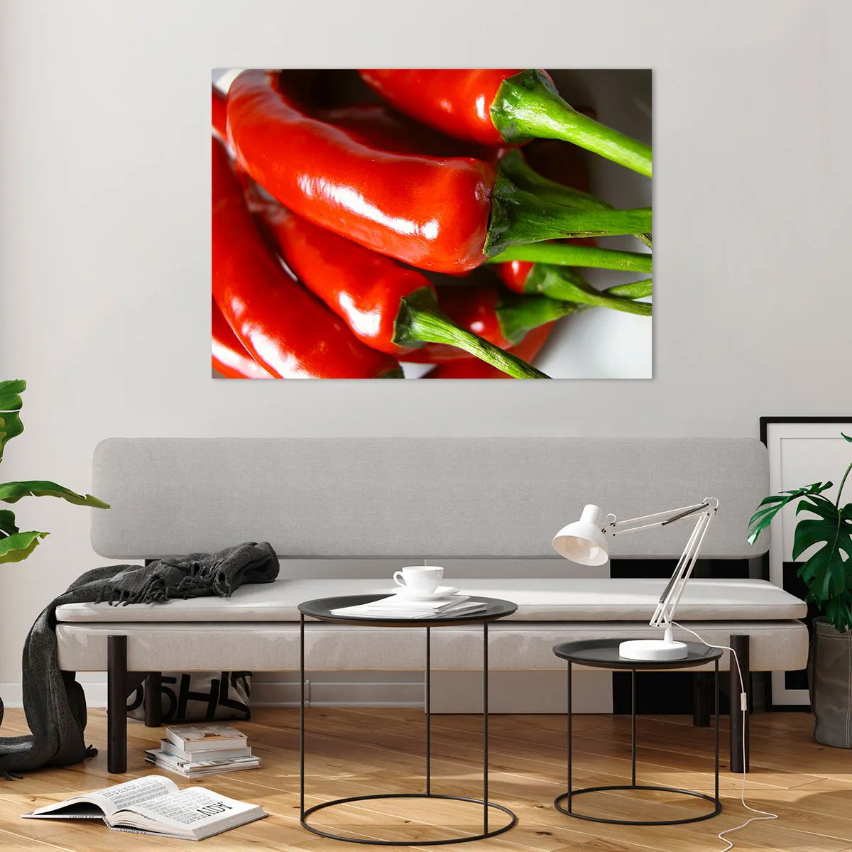 Quadro su vetro - Peperoncini rossi con gambi verdi - 100x70cm - Succosi, lisci e lucenti - Decorazione murale moderna per soggiorno e camera da letto ARTTOR