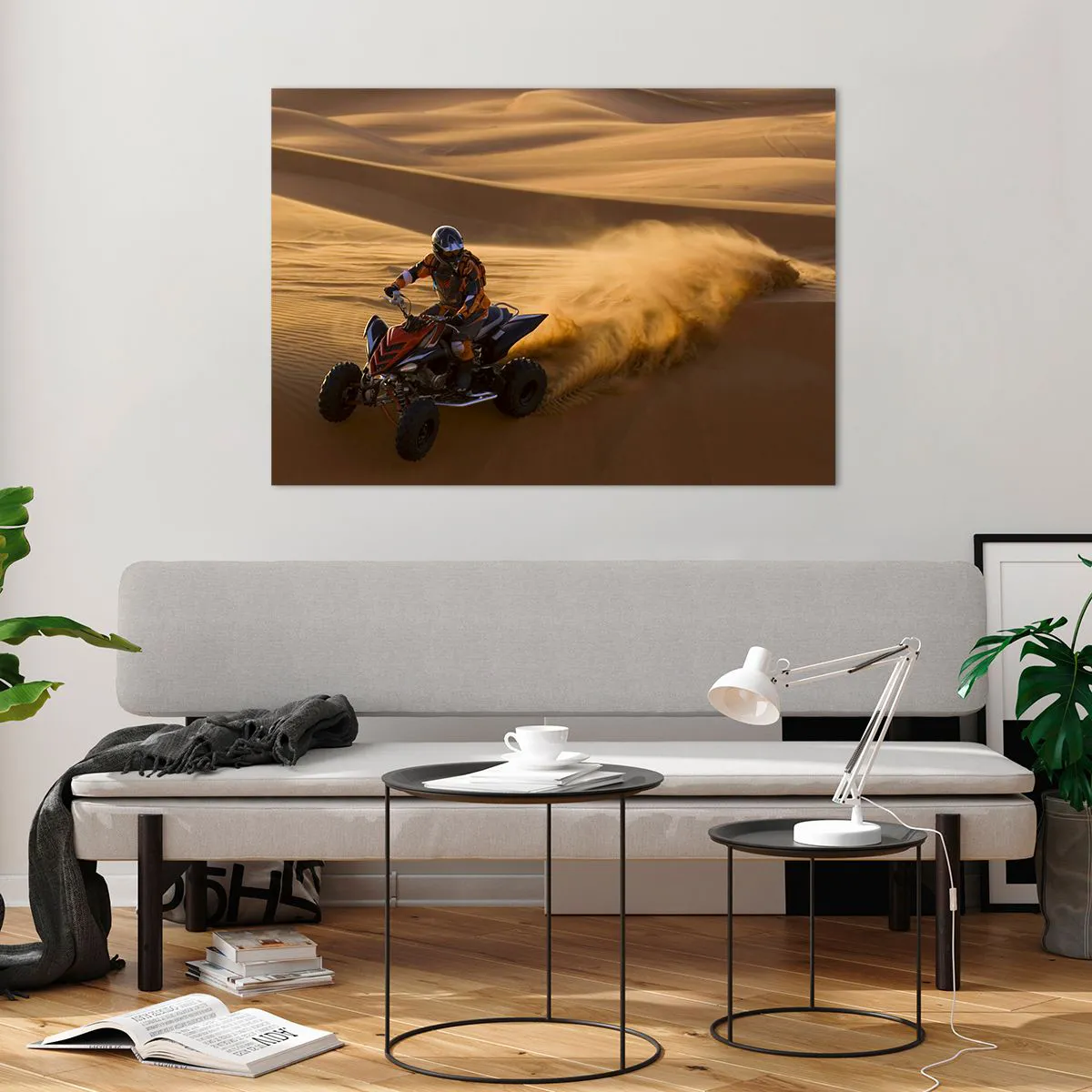 Obraz na szkle - Quad w akcji na pustyni o zachodzie słońca - 100x70cm - Na falach piasku - Nowoczesna dekoracja ścienna do salonu, kuchni i sypialni ARTTOR