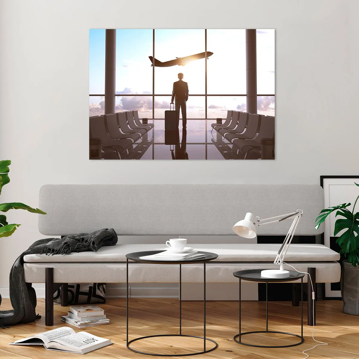 Glasbild - Bild auf glas - Ein Mann mit einem Koffer am Flughafen beobachtet ein startendes Flugzeug. - 100x70cm - Du hast Zeit, lass dir Zeit - Moderne Wanddekoration für Wohnzimmer und Schlafzimmer ARTTOR
