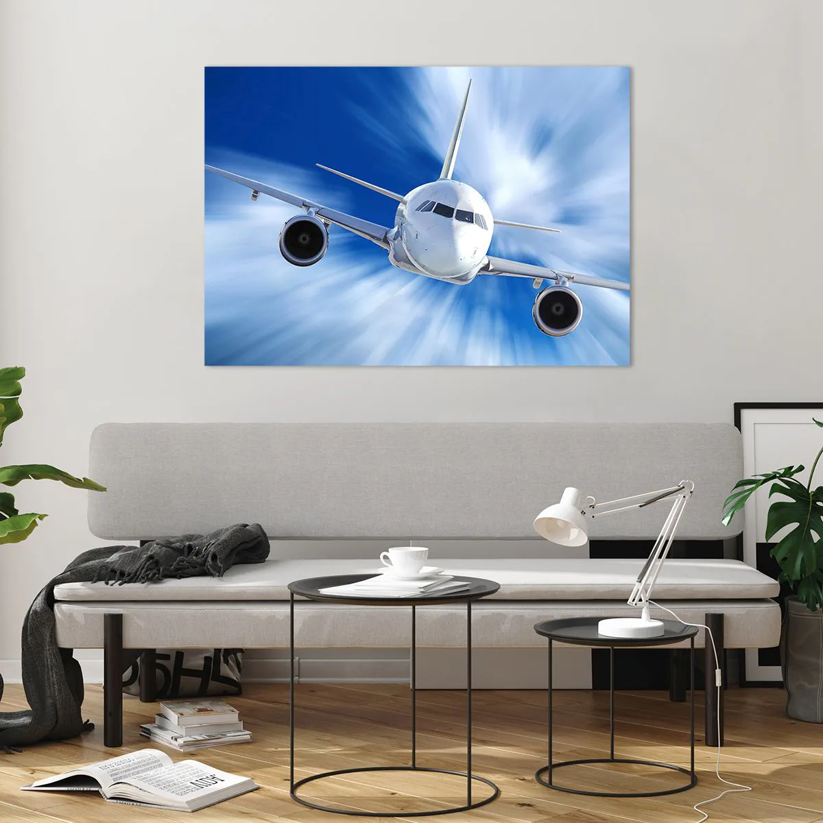 Glasbild - Bild auf glas - Ein Passagierflugzeug vor einem dynamischen blauen Himmel - 100x70cm - Schneller als der Wind am Himmel - Moderne Wanddekoration für Wohnzimmer und Schlafzimmer ARTTOR