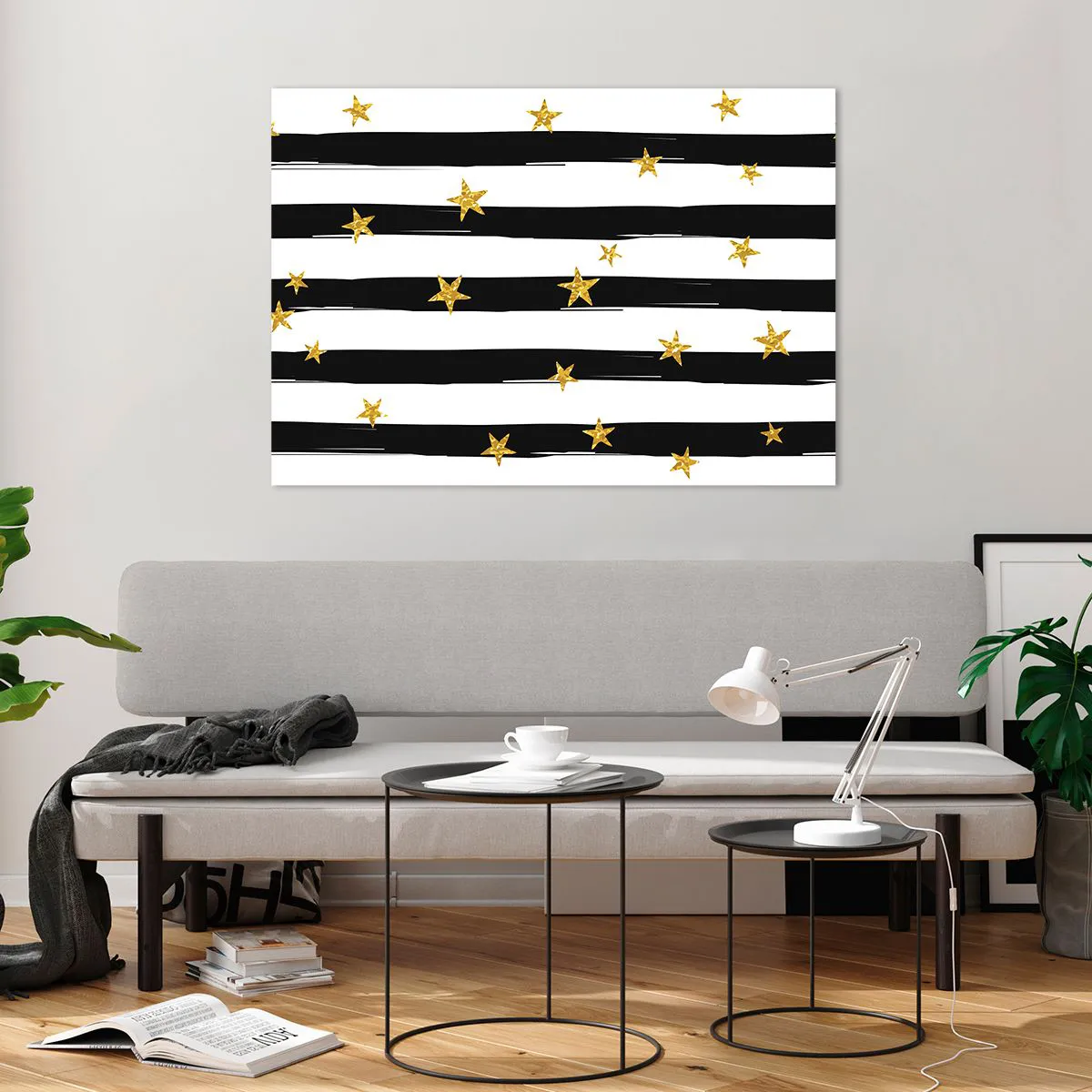 Impression sur verre - Image sur verre - Rayures noires et blanches avec étoiles dorées - 100x70cm - Nous sommes tous nés sous une bonne étoile - Décoration murale moderne pour le salon et la chambre ARTTOR