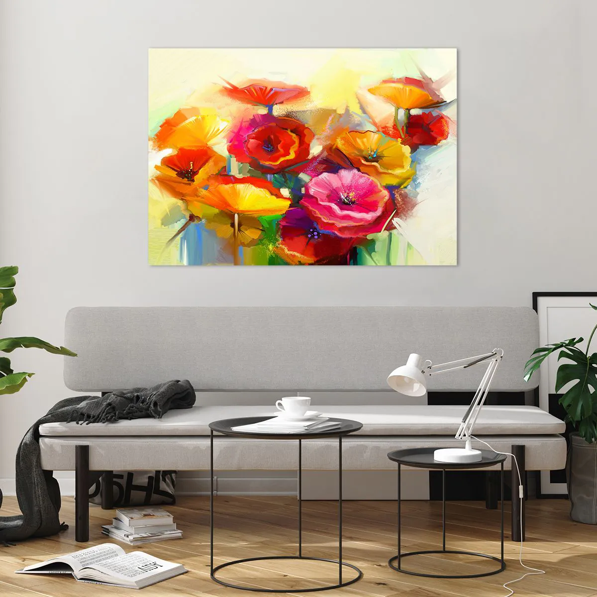 Glasbild - Bild auf glas - Bunte Mohnblumen in leuchtenden Farben - 100x70cm - Nicht nur rot - Moderne Wanddekoration für Wohnzimmer und Schlafzimmer ARTTOR