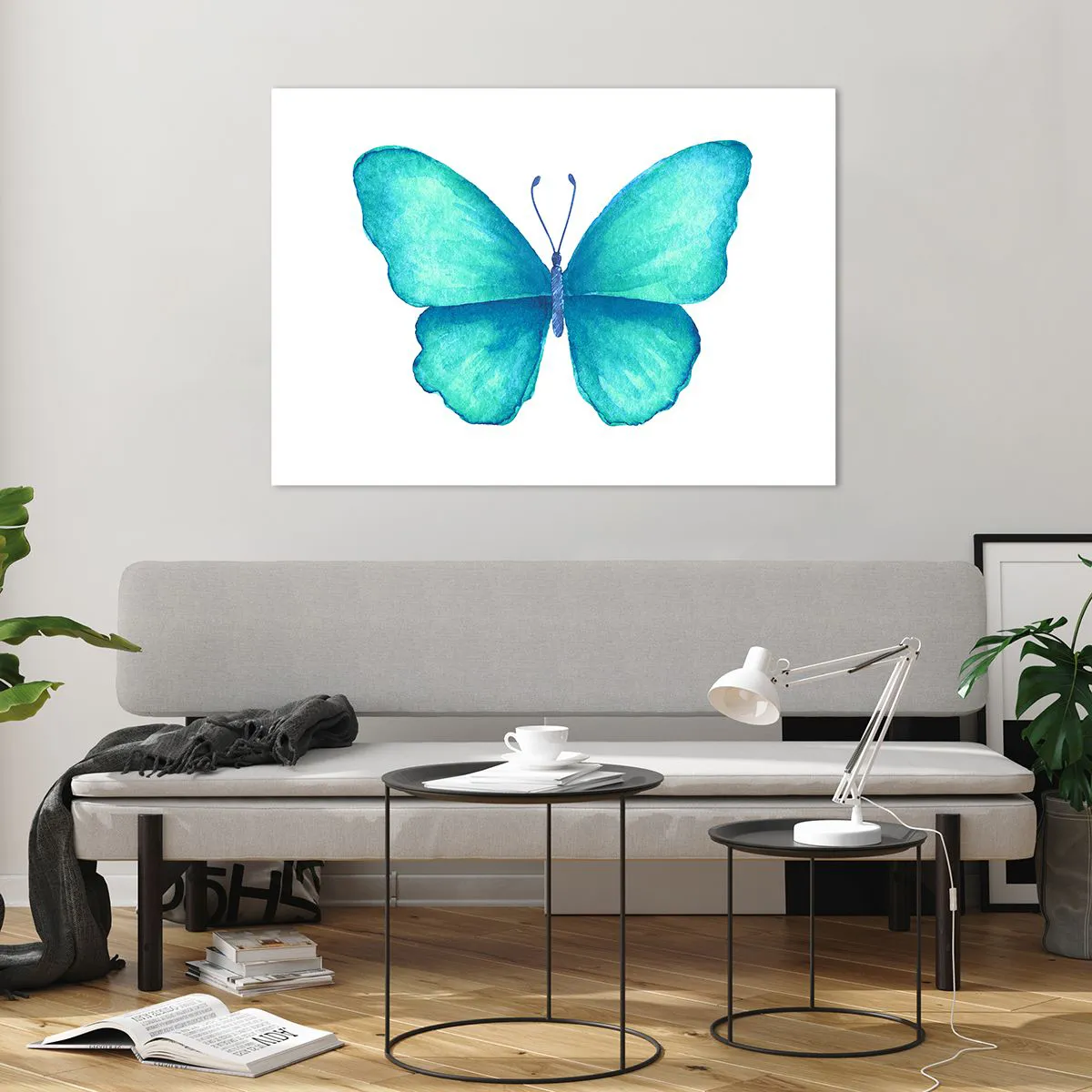 Glasbild - Bild auf glas - Blauer Schmetterling im Aquarellstil auf weißem Hintergrund - 100x70cm - Türkis von Natur aus - Moderne Wanddekoration für Wohnzimmer und Schlafzimmer ARTTOR