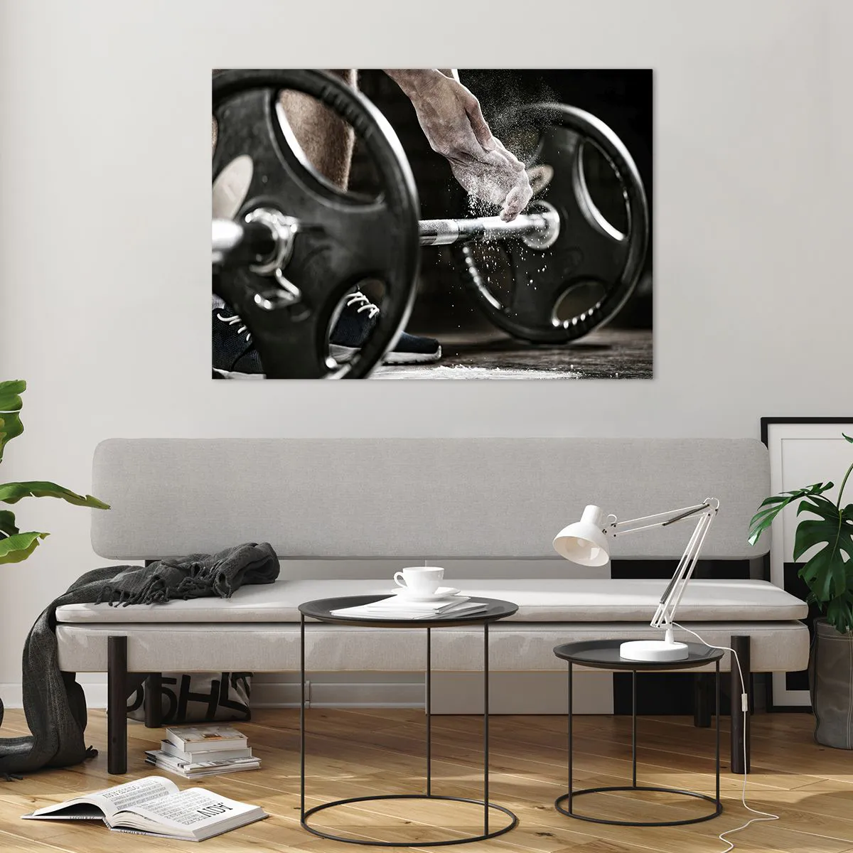 Cuadro sobre vidrio - Impresiones sobre Vidrio - Levantamiento de pesas con tiza en las manos y una barra - 100x70cm - ¡Reto aceptado! - Decoración de pared moderna para salón y dormitorio ARTTOR