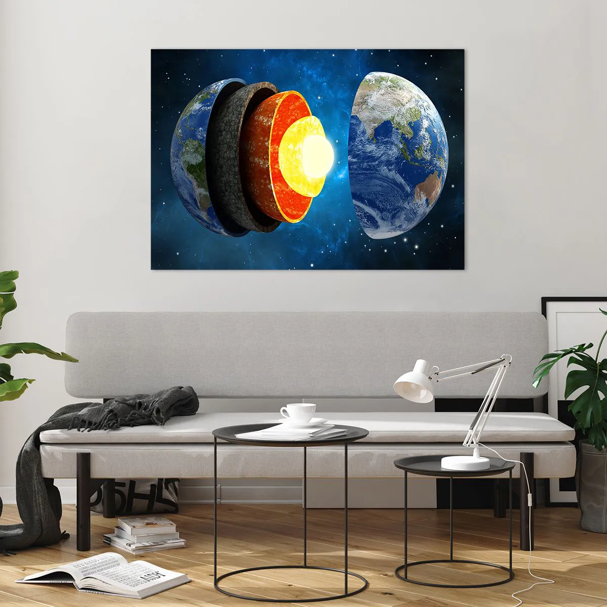 Obraz na szkle - Przekrój Ziemi ukazujący jej warstwy na tle kosmosu - 100x70cm - Wyprawa do wnętrz Ziemi - Nowoczesna dekoracja ścienna do salonu, kuchni i sypialni ARTTOR