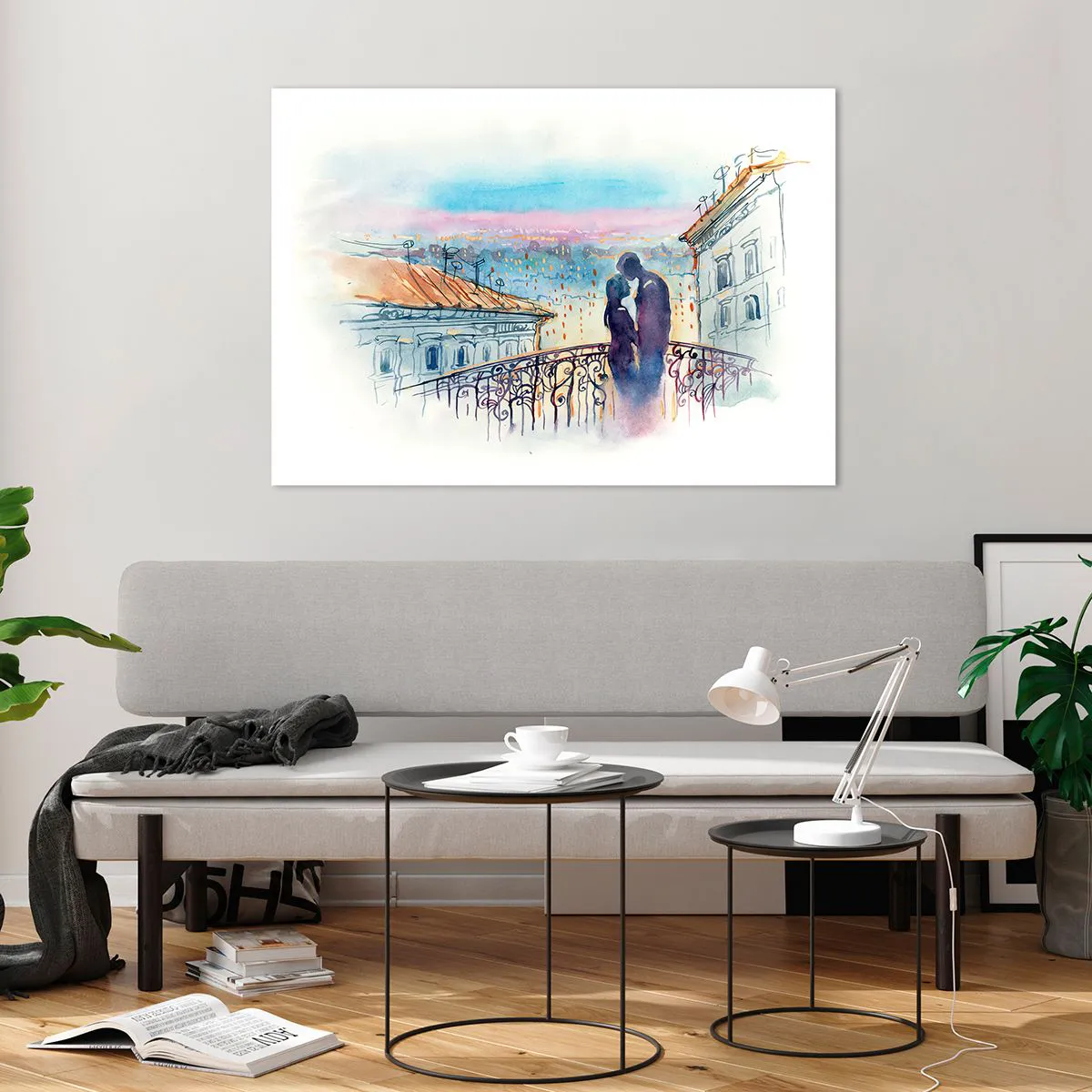 Quadro su vetro - Coppia sul balcone che si gode un romantico tramonto - 100x70cm - Amanti parigini - Decorazione murale moderna per soggiorno e camera da letto ARTTOR