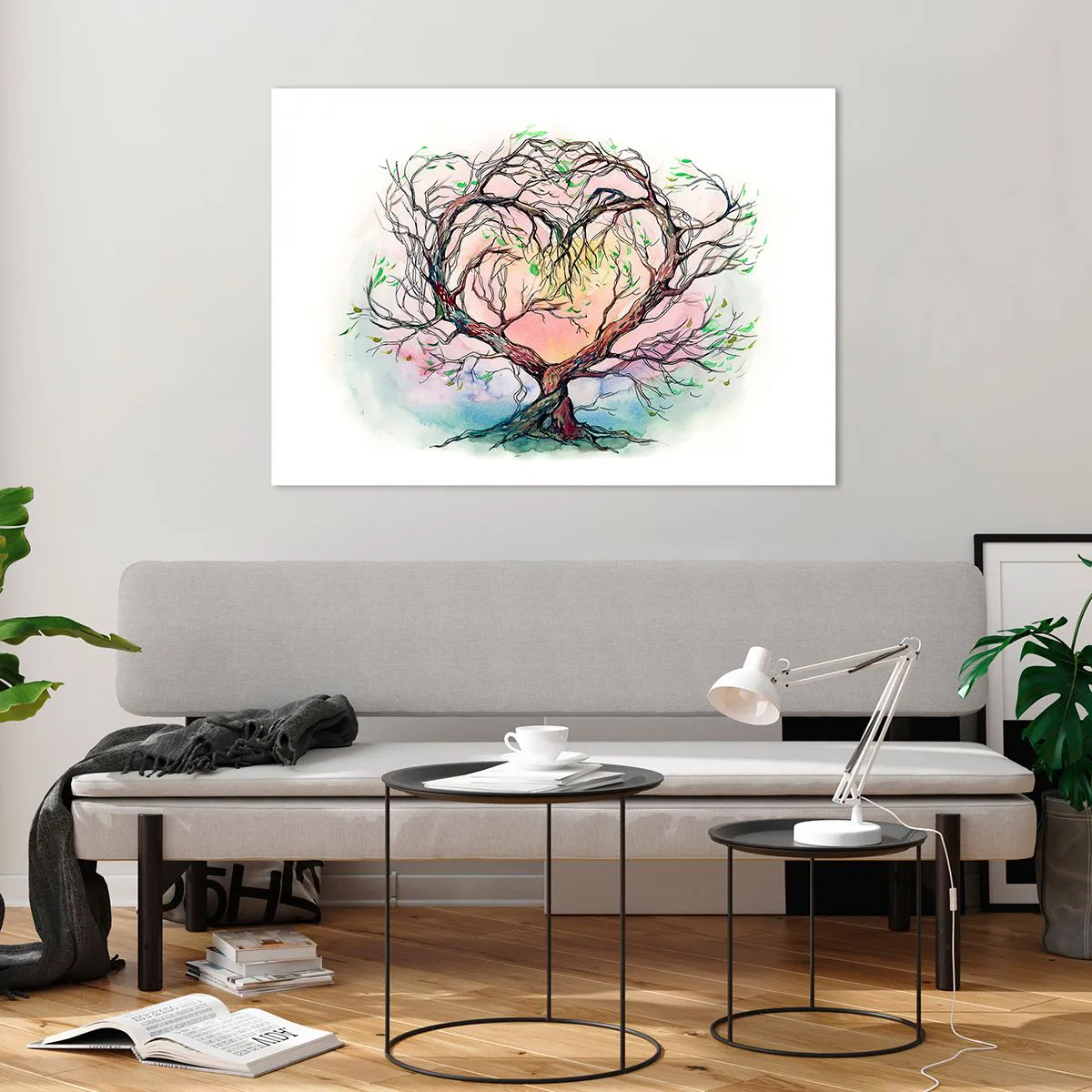 Impression sur verre - Image sur verre - Un arbre en forme de cœur avec un fond coloré et pastel - 100x70cm - Ensemble contre les tempêtes - Décoration murale moderne pour le salon et la chambre ARTTOR