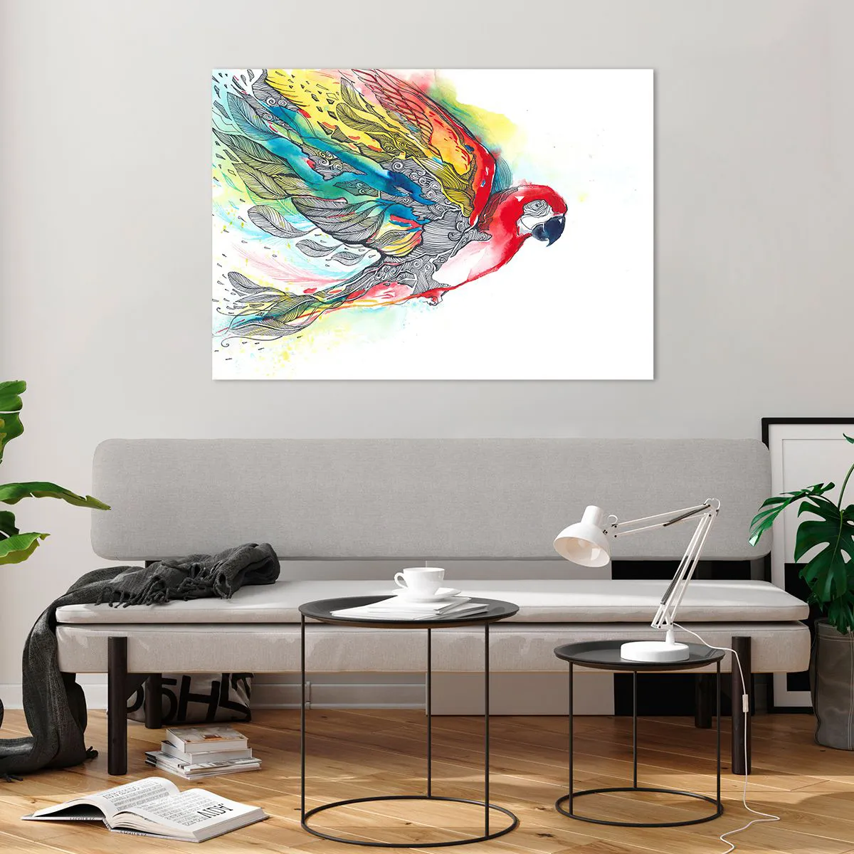 Impression sur verre - Image sur verre - Perroquet coloré avec des ailes et des détails artistiques - 100x70cm - Vivez haut en couleurs - Décoration murale moderne pour le salon et la chambre ARTTOR