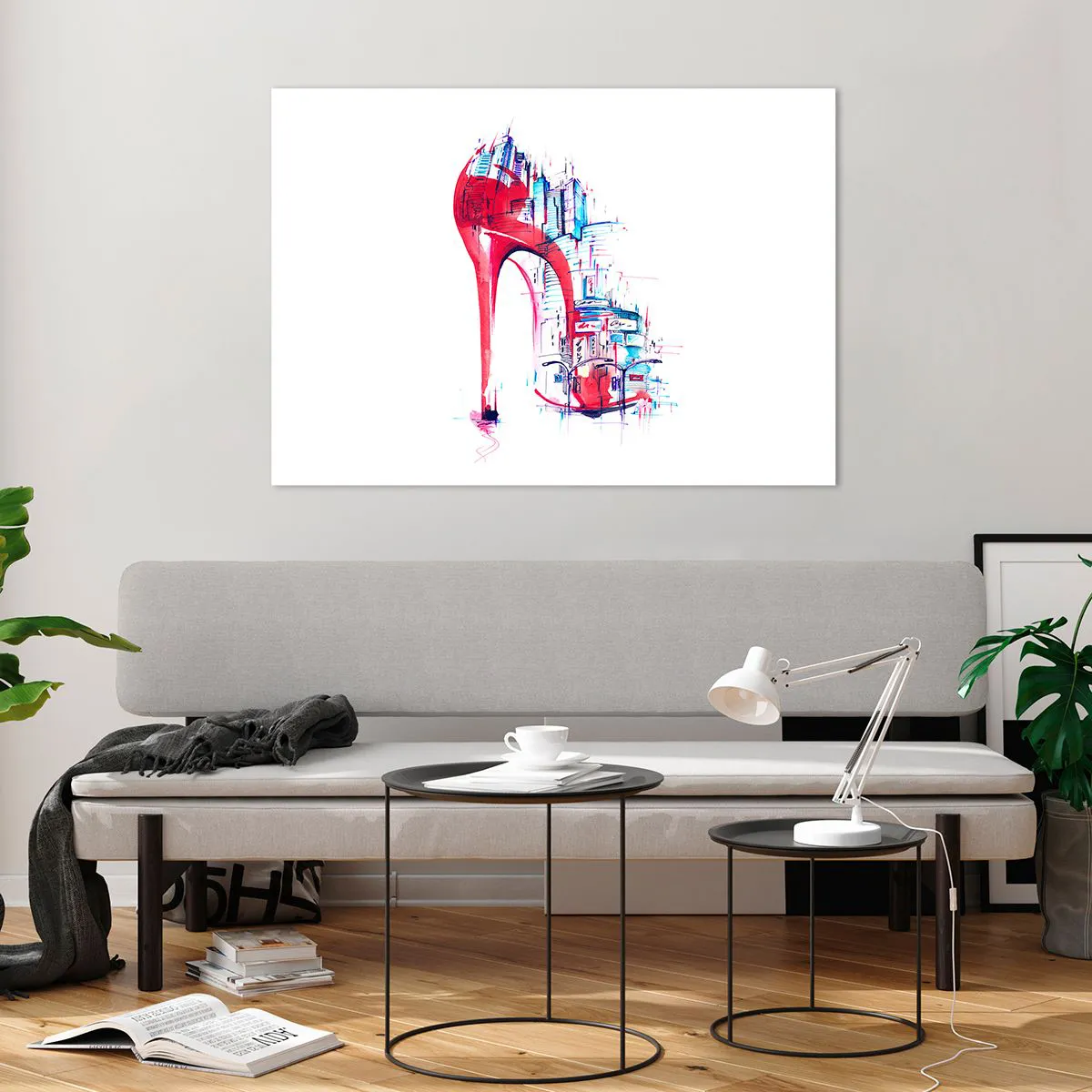 Impression sur verre - Image sur verre - Stiletto rouge avec un motif d'architecture urbaine - 100x70cm - L'élégance des grandes villes - Décoration murale moderne pour le salon et la chambre ARTTOR