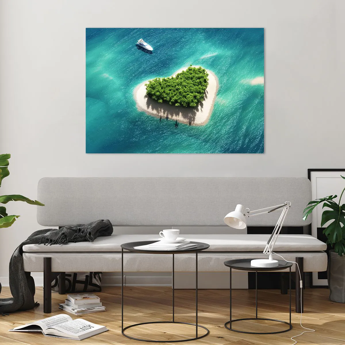 Cuadro sobre vidrio - Impresiones sobre Vidrio - Ilustración de una isla en forma de corazón con un barco contra un mar turquesa - 100x70cm - Me encanta el verano - Decoración de pared moderna para salón y dormitorio ARTTOR