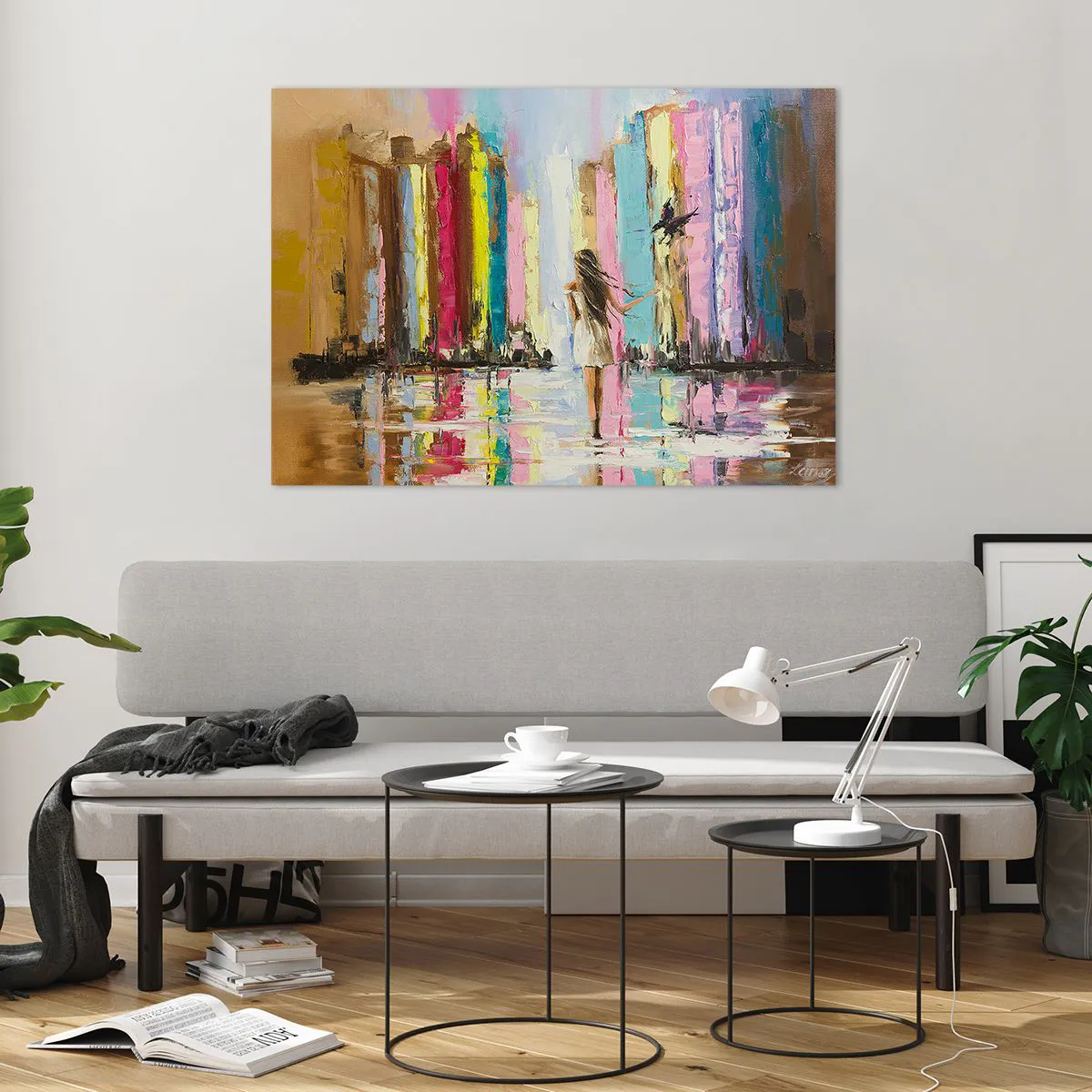 Impression sur verre - Image sur verre - Une femme avec un oiseau en arrière-plan de bâtiments colorés - 100x70cm - Viens avec moi - Décoration murale moderne pour le salon et la chambre ARTTOR