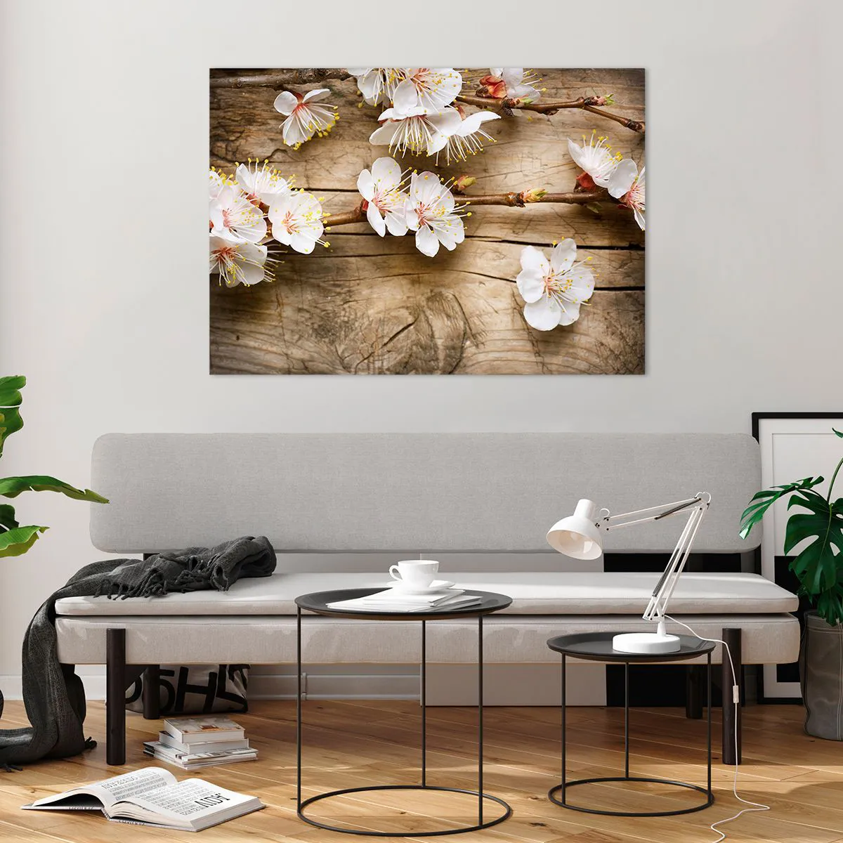 Quadro su vetro - Rami di ciliegi in fiore su uno sfondo di legno - 100x70cm - Ed è giunta la primavera - Decorazione murale moderna per soggiorno e camera da letto ARTTOR