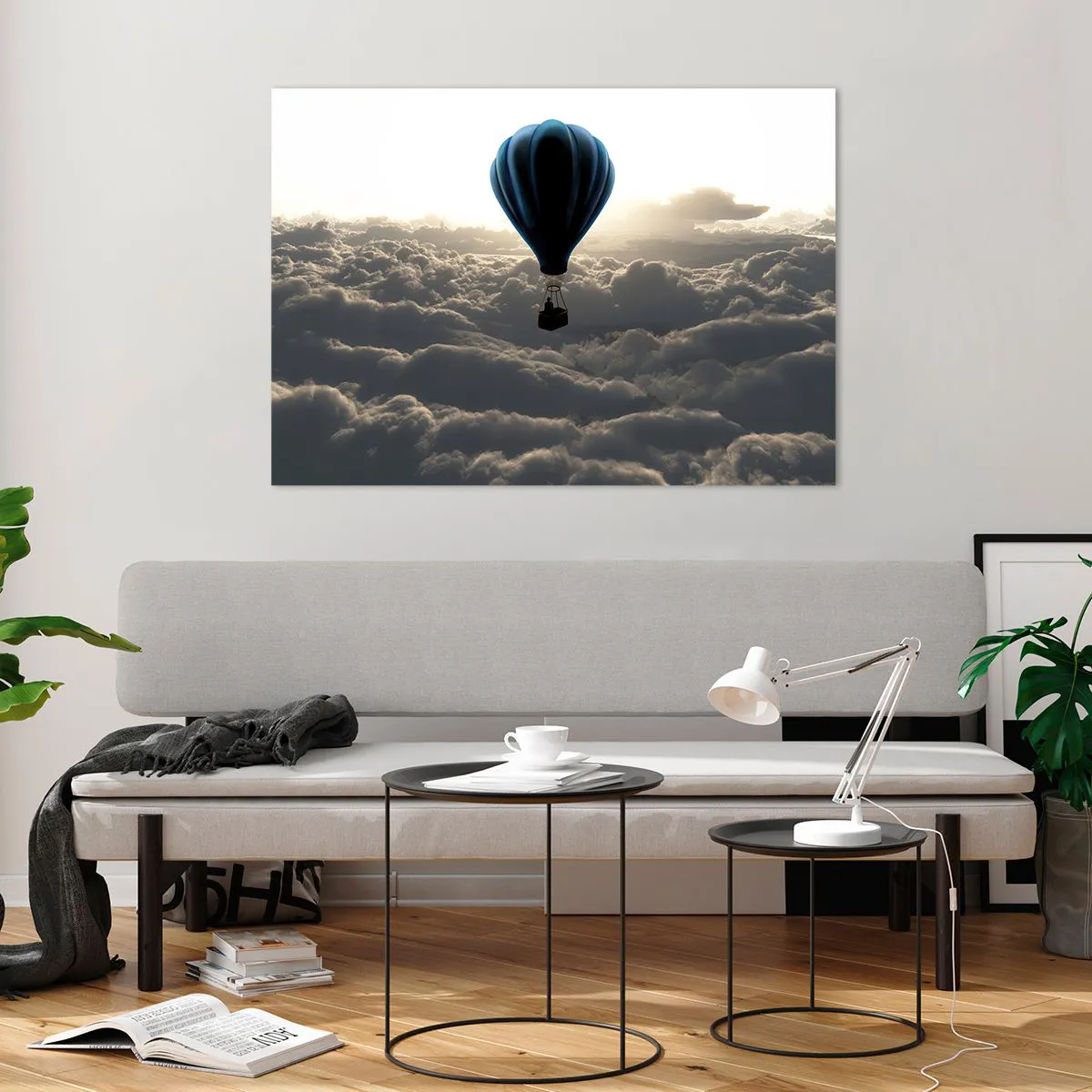 Quadro su vetro - Un pallone che fluttua sopra le nuvole all'alba - 100x70cm - Viaggiatore sopra le nuvole - Decorazione murale moderna per soggiorno e camera da letto ARTTOR