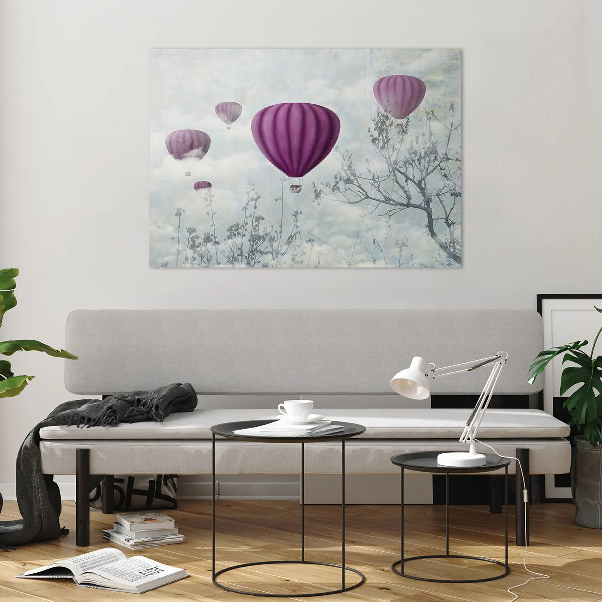 Impression sur verre - Image sur verre - Des ballons violets flottant parmi les nuages et les branches des arbres - 100x70cm - Comme des navires dans le ciel - Décoration murale moderne pour le salon et la chambre ARTTOR