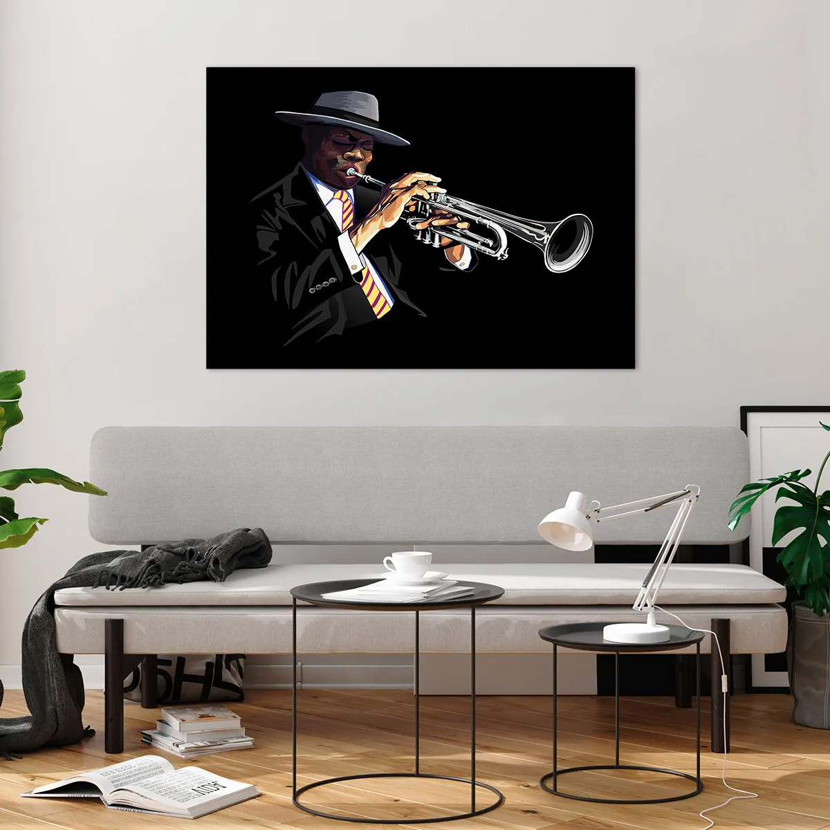 Impression sur verre - Image sur verre - Un musicien noir avec une trompette et un chapeau sur fond noir - 100x70cm - Le charme de la vieille école - Décoration murale moderne pour le salon et la chambre ARTTOR