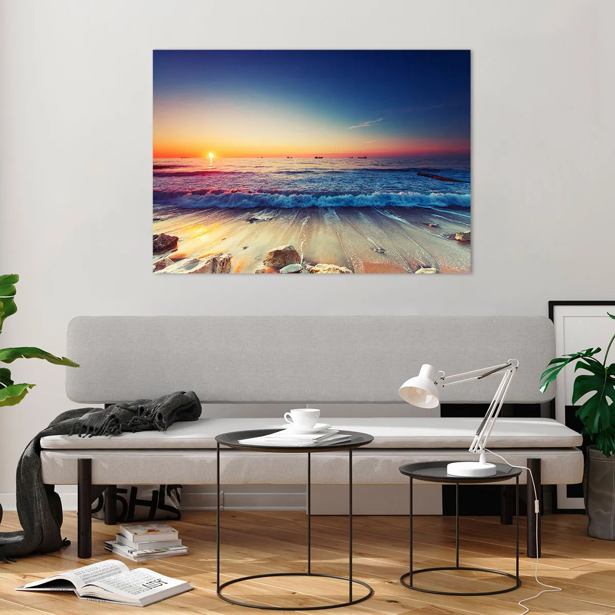 Impression sur verre - Image sur verre - Coucher de soleil sur la plage avec des vagues douces et une mer calme - 100x70cm - Mais quel horizon ? - Décoration murale moderne pour le salon et la chambre ARTTOR