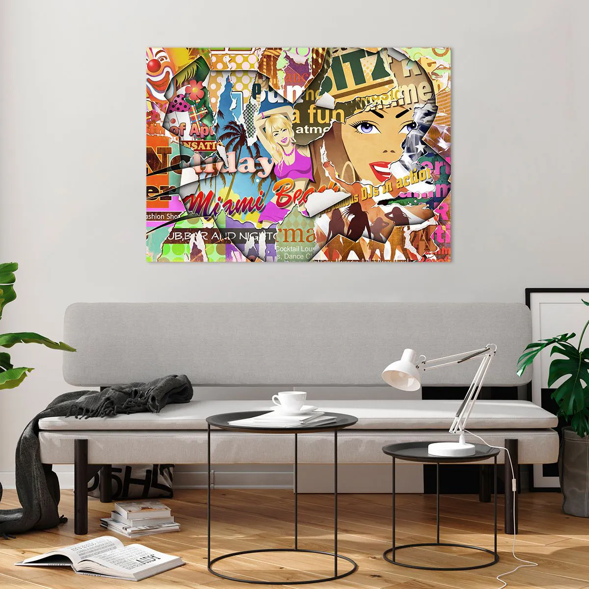 Obraz na szkle - Kolorowy kolaż retro z plakatami i grafiką - 100x70cm - Wakacyjne retrospekcje - Nowoczesna dekoracja ścienna do salonu, kuchni i sypialni ARTTOR