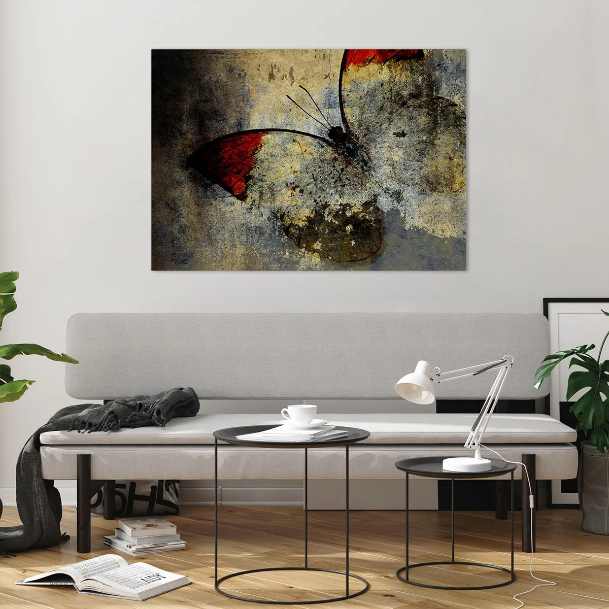 Cuadro sobre vidrio - Impresiones sobre Vidrio - Mariposa abstracta sobre un fondo envejecido - 100x70cm - Mira antes de que desaparezca - Decoración de pared moderna para salón y dormitorio ARTTOR