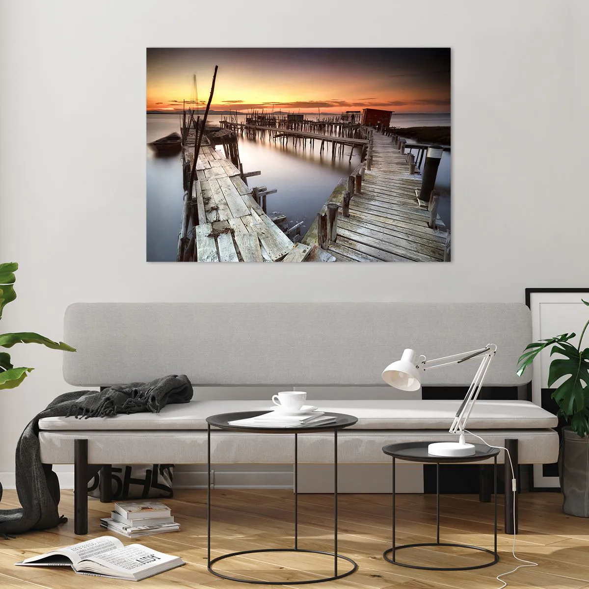 Obraz na szkle - Drewniane pomosty o zachodzie słońca nad spokojnym jeziorem - 100x70cm - Autentyk, nie turystyczna atrapa - Nowoczesna dekoracja ścienna do salonu, kuchni i sypialni ARTTOR