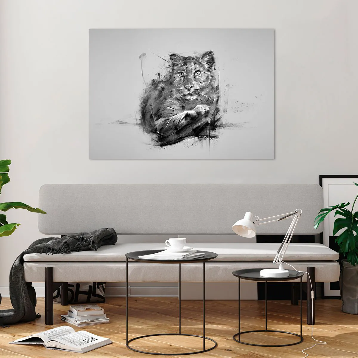 Impression sur verre - Image sur verre - Un dessin d'un tigre dans un style monochrome sur un fond clair - 100x70cm - Oui, j'écoute attentivement - Décoration murale moderne pour le salon et la chambre ARTTOR