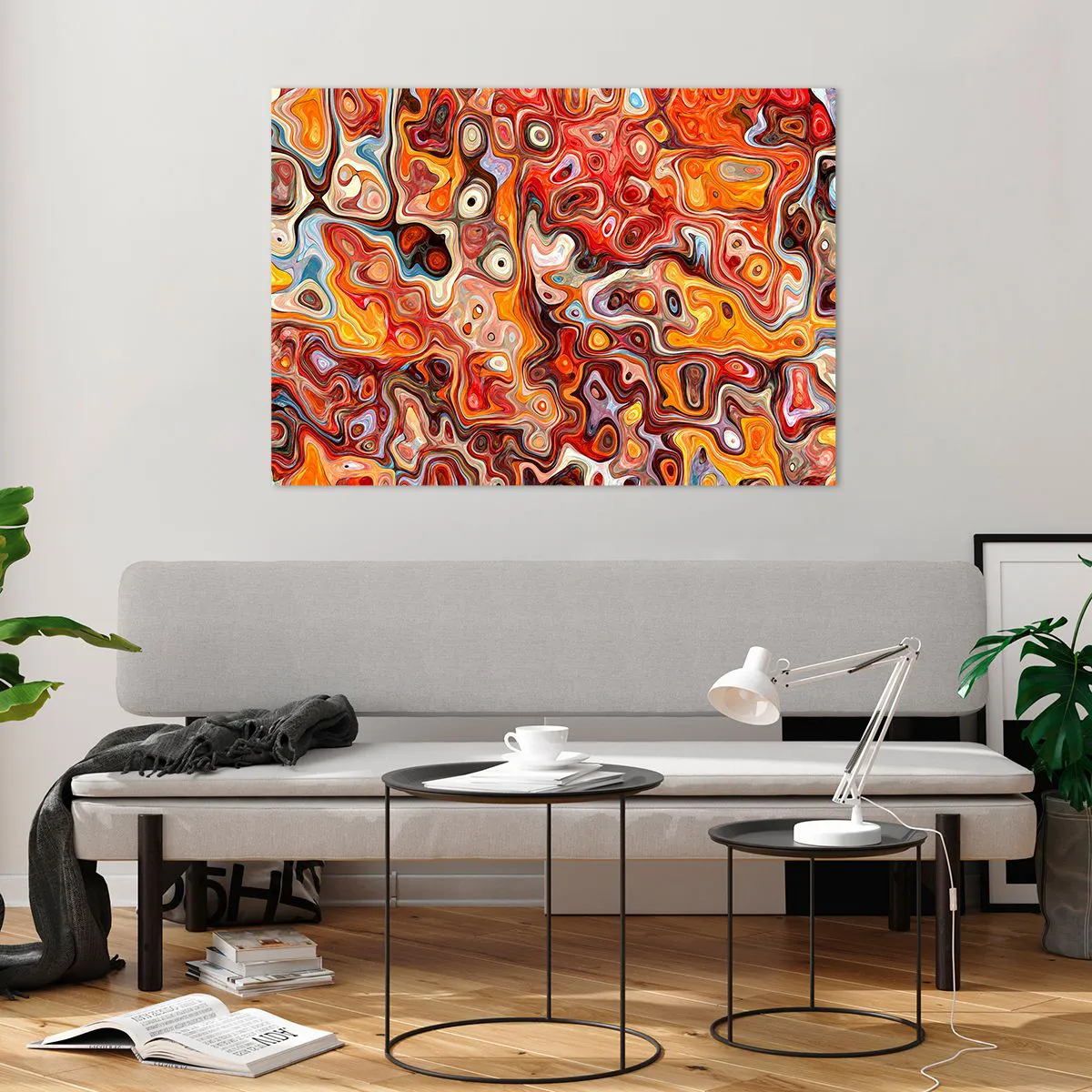 Cuadro sobre vidrio - Impresiones sobre Vidrio - Composición abstracta en tonos naranja y rojo. - 100x70cm - Si las nueces se derritieran en la miel - Decoración de pared moderna para salón y dormitorio ARTTOR
